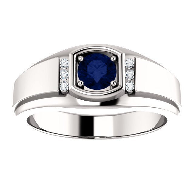 14K Gold Men's Sapphire and Diamond Ring - 0.60ct Sapphire & 0.09ctw Diamonds - Elegant Wedding Band, Anniversary Gift for Him, Engagement Ring for Men