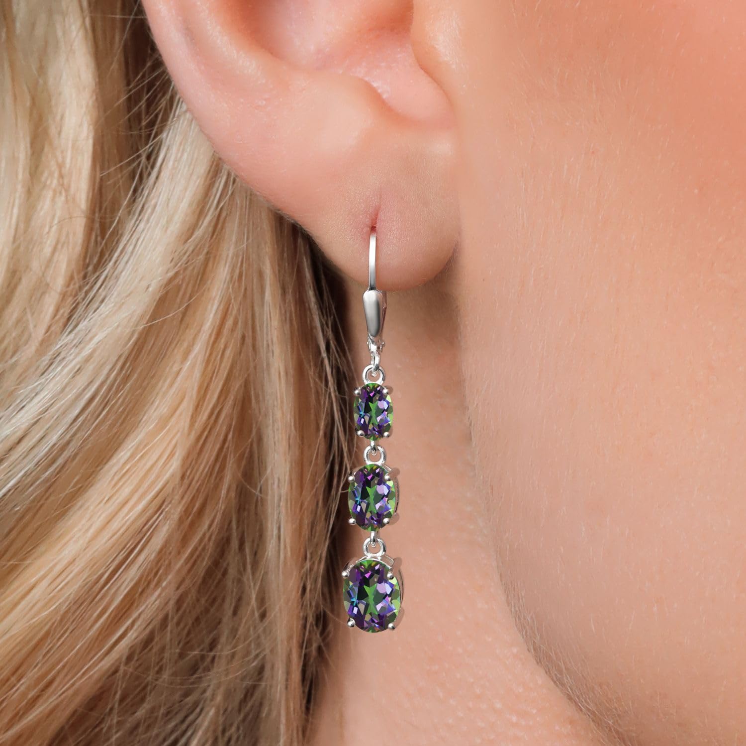 Gem Stone King 3-Stone Leverback Drop Dangle Earrings for Women - 925 Sterling Silver Birthstone Jewelry | Oval 8x6mm, 7x5mm & 6x4mm Gemstones | Elegant Gift for Mom, Wife, Her | Perfect for Birthdays, Anniversaries & Special Occasions