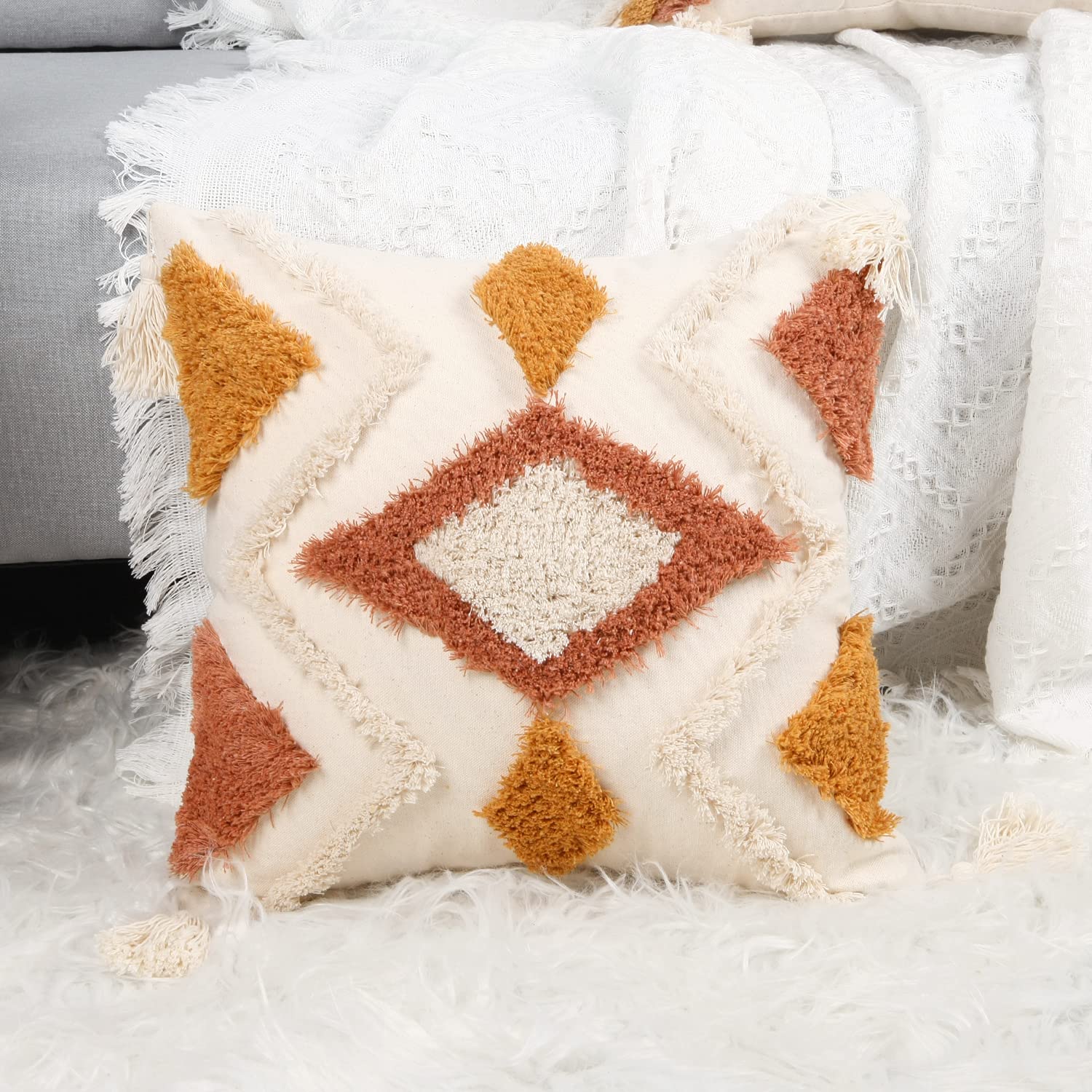Bohemian Throw Pillow Covers 20x20 Inch - Woven Tufted Decorative Cushion Covers with Tassels for Sofa, Couch, Bed & Living Room - Perfect for Boho Home Decor, Cozy Reading Nook and Lounge Area
