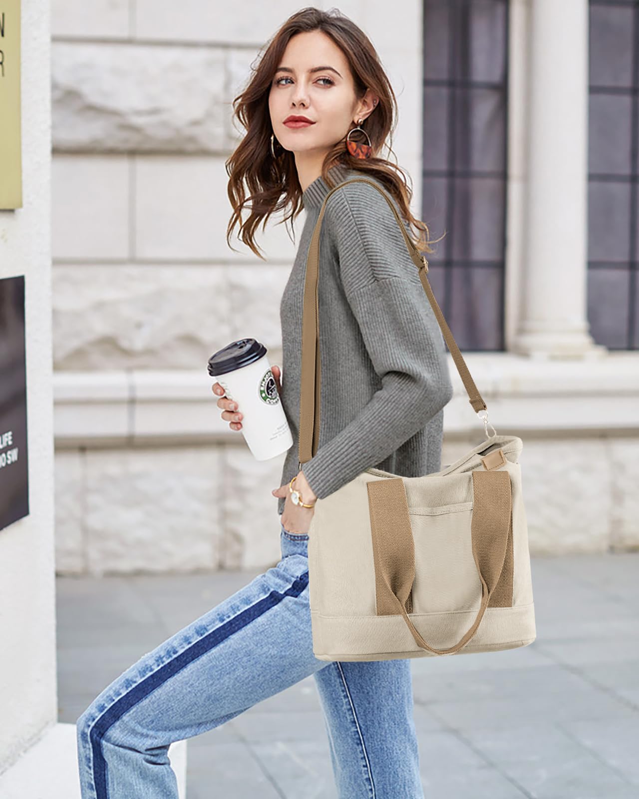 Stylish Canvas Tote Bag for Women with Zipper - Crossbody Shoulder Handbag with Multiple Compartments for Work, Travel & Shopping | Durable & Fashionable Everyday Carry Bag