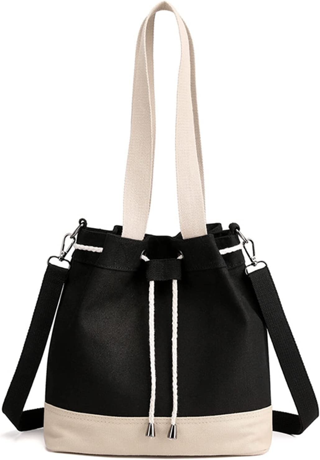 NIUBB Women's Canvas Shoulder Bag - Large Capacity Drawstring Bucket Bag, Fashion Messenger Purse for Daily Use (Black, One Size) | Perfect for Work, Travel & Shopping