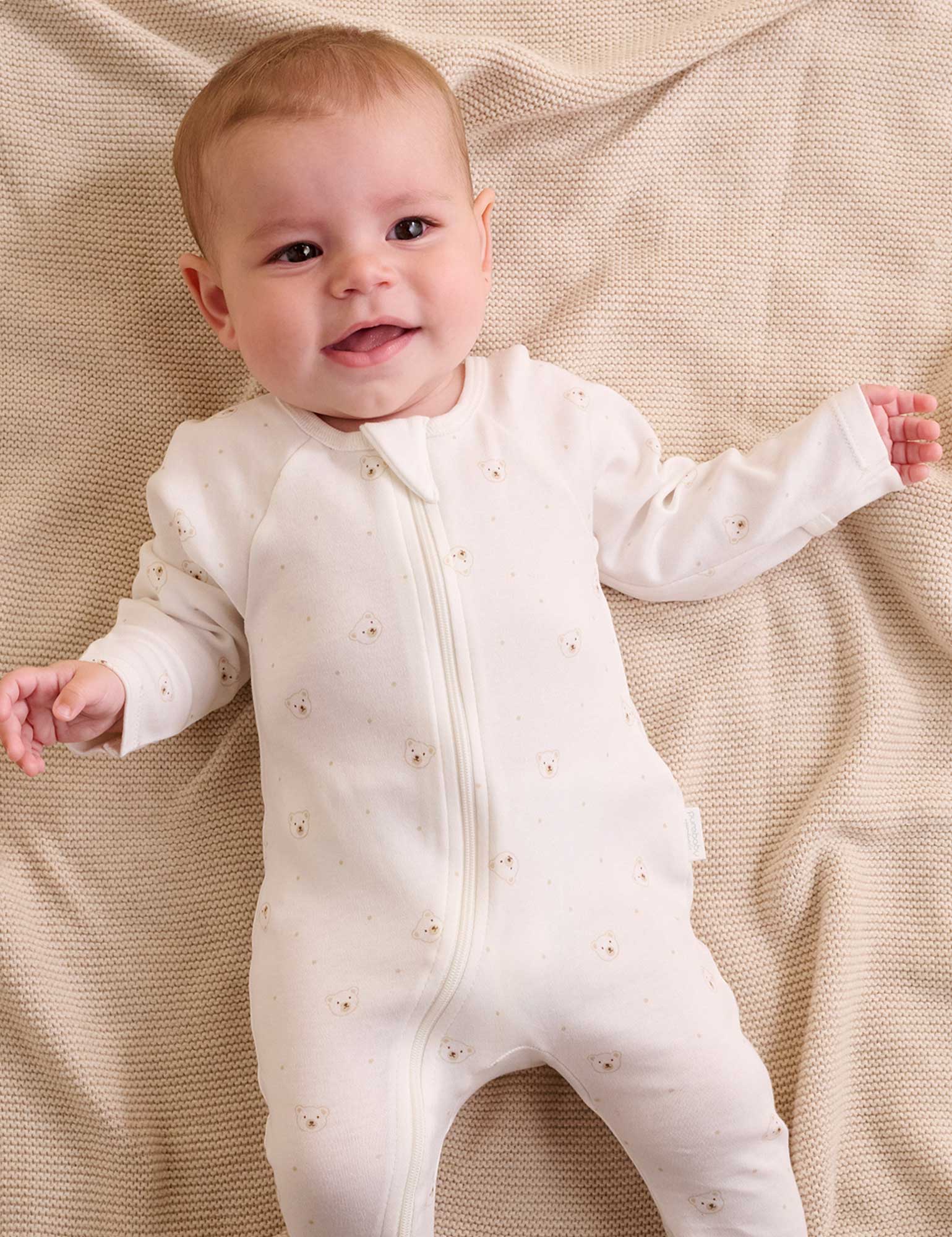 Purebaby Organic Cotton Zip Growsuit 4-Pack - Soft Baby Bodysuit with Bear Design | Perfect for Newborns, Infants & Toddlers | Ideal for Playtime, Sleep & Everyday Wear
