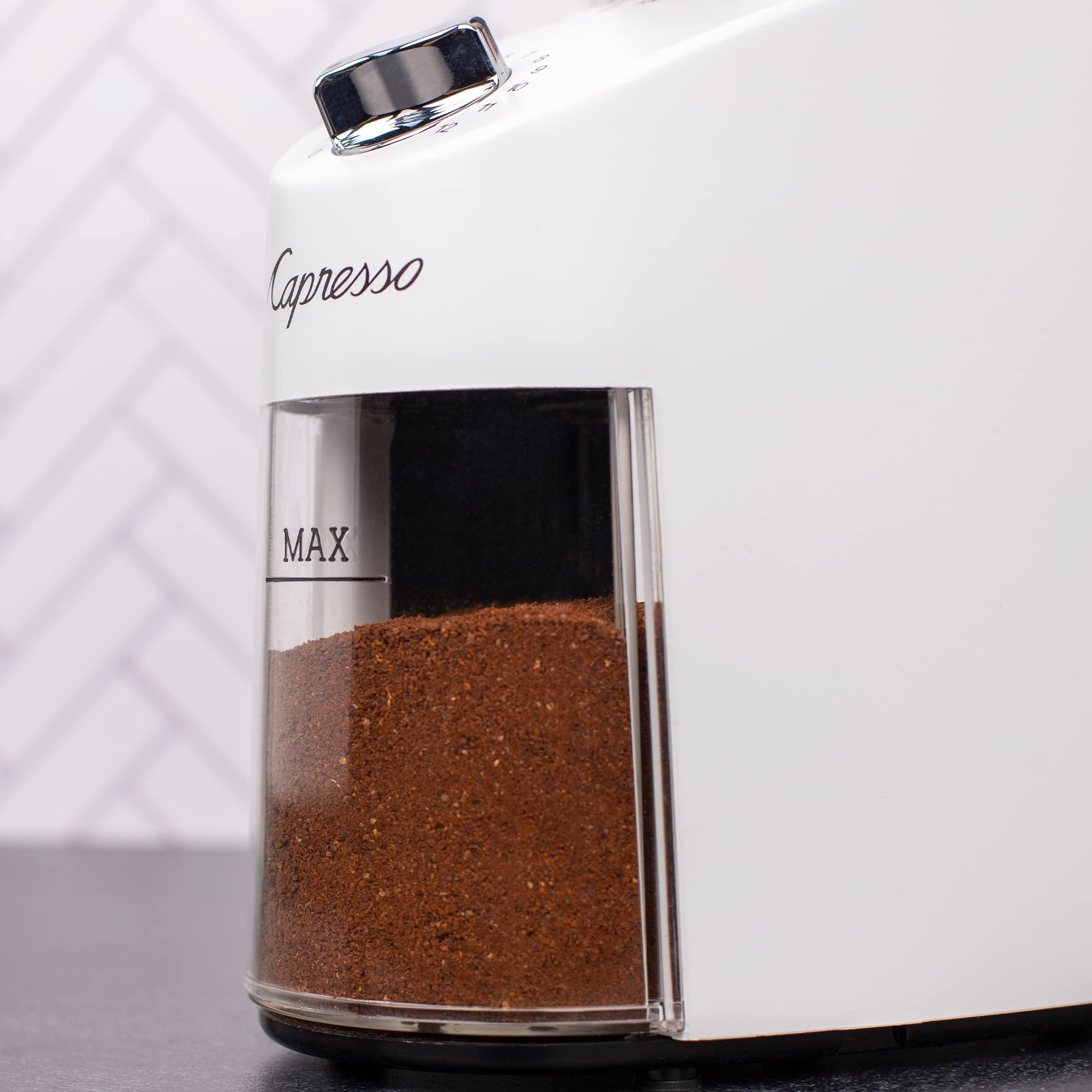 Capresso Infinity Plus Conical Burr Coffee Grinder - Premium Stainless Steel Burrs, Adjustable Grind Settings, White - Perfect for Espresso, French Press & Pour Over Coffee Brewing