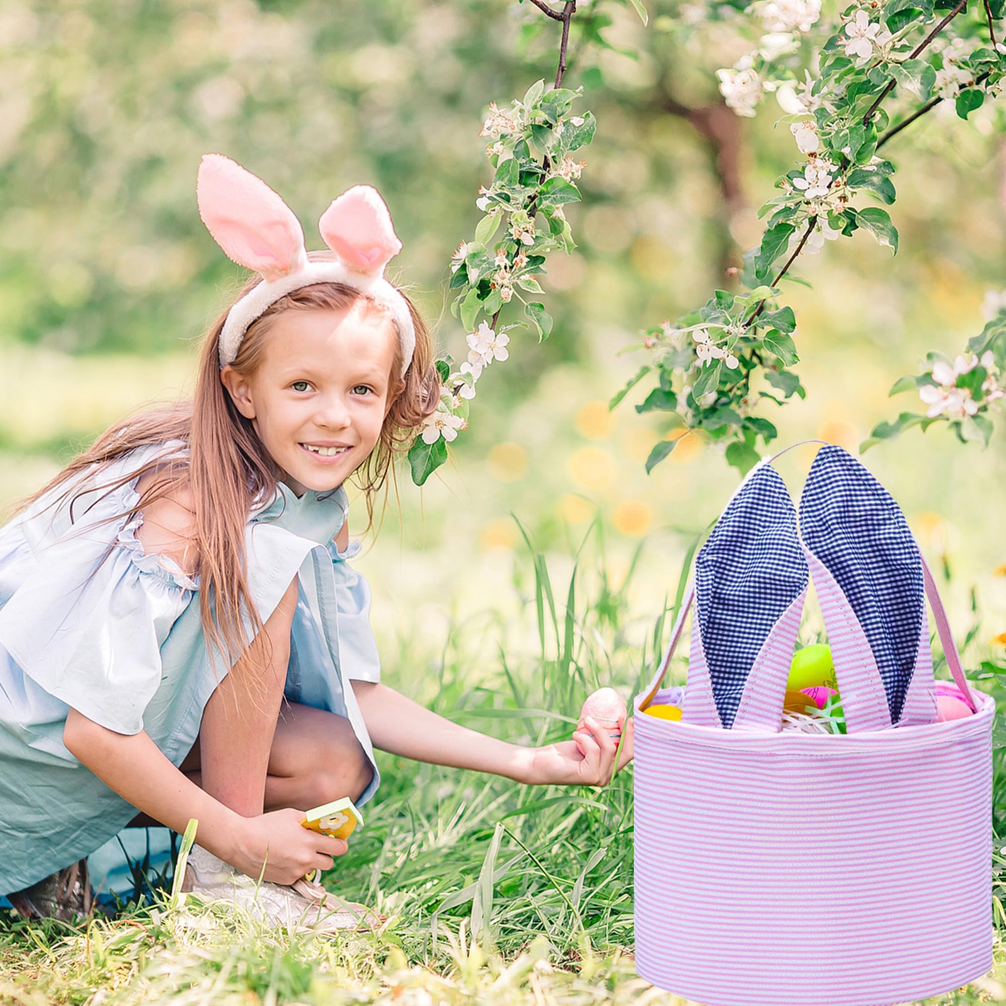 Personalized Easter Bunny Basket - Seersucker Egg Candy Bag with Fluffy Tail for Kids (Pink) - Perfect for Easter Egg Hunts, Party Favors & Spring Gift Giving