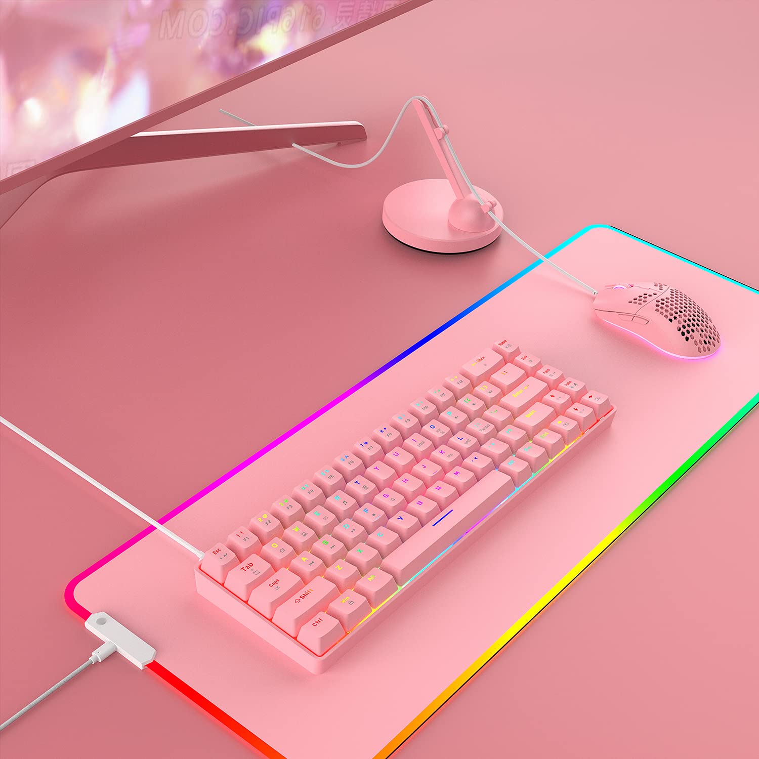 LexonElec 60% Compact Mechanical Gaming Keyboard & Mouse Combo - RGB Backlit 68-Key Wired Keyboard with 18 Lighting Effects, 6400DPI Honeycomb Gaming Mouse, Mouse Bungee & Mouse Pad (Pink/Blue Switch) - Perfect for PC Gaming, Esports & Office Work