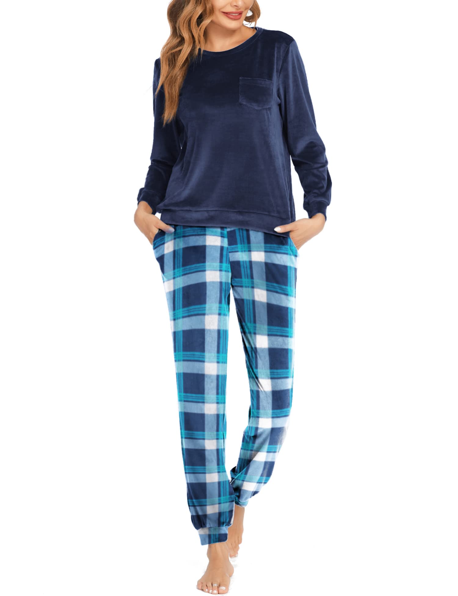 Ekouaer Couples Matching Pajamas Sets - Long Sleeve Velvet Sleepwear for Women & Men - Soft 2-Piece Pajama Set with Pockets - Perfect for Christmas Gifts, Anniversary, Valentine's Day & Cozy Winter Nights