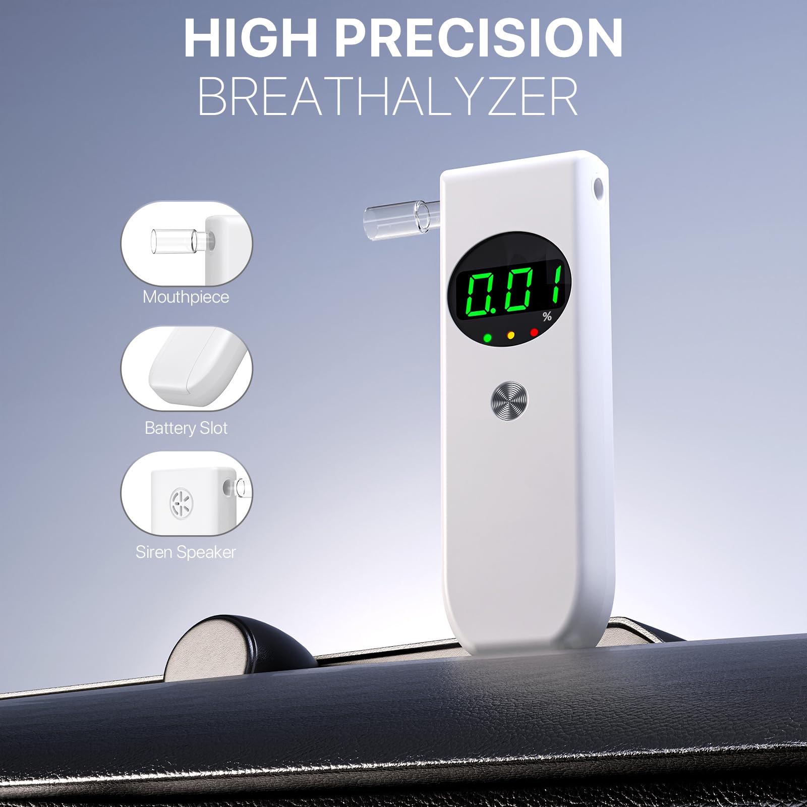 Professional Breathalyzer Alcohol Tester - High Accuracy LCD Digital Display with 10 Disposable Mouthpieces | Portable BAC Detector for Home, Party, Workplace & Road Safety (White)