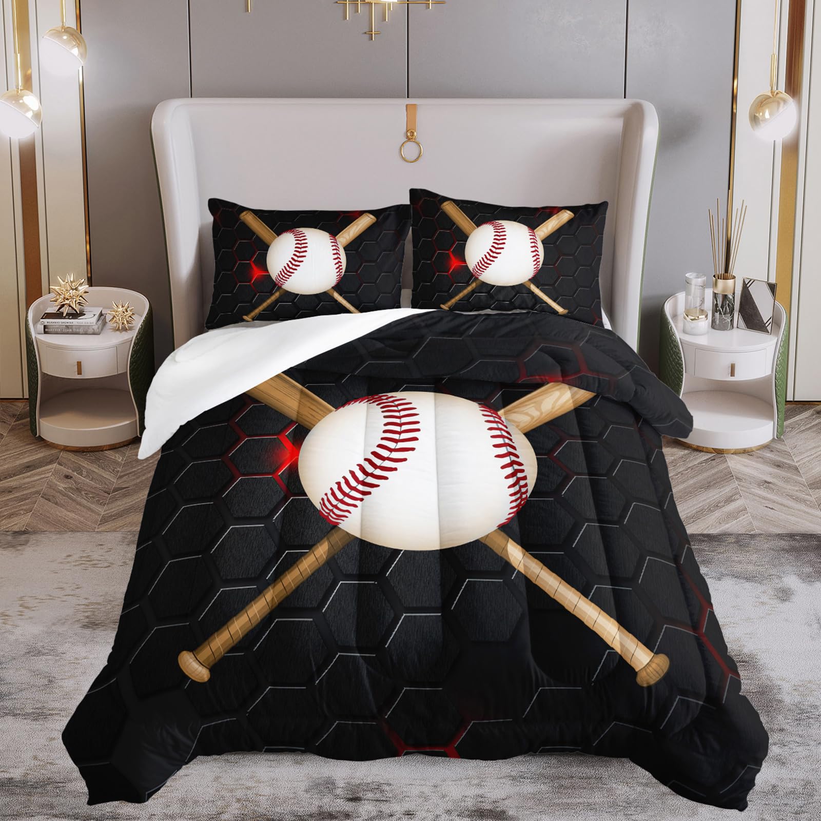 QOOMO Baseball Comforter Set for Kids & Teens - Twin Size Black Microfiber 3-Piece Bedding with 1 Comforter & 2 Pillowcases - Soft, Lightweight Boys' Sports Theme Bed Set - Perfect for Bedrooms, Sleepovers, and Baseball Fans