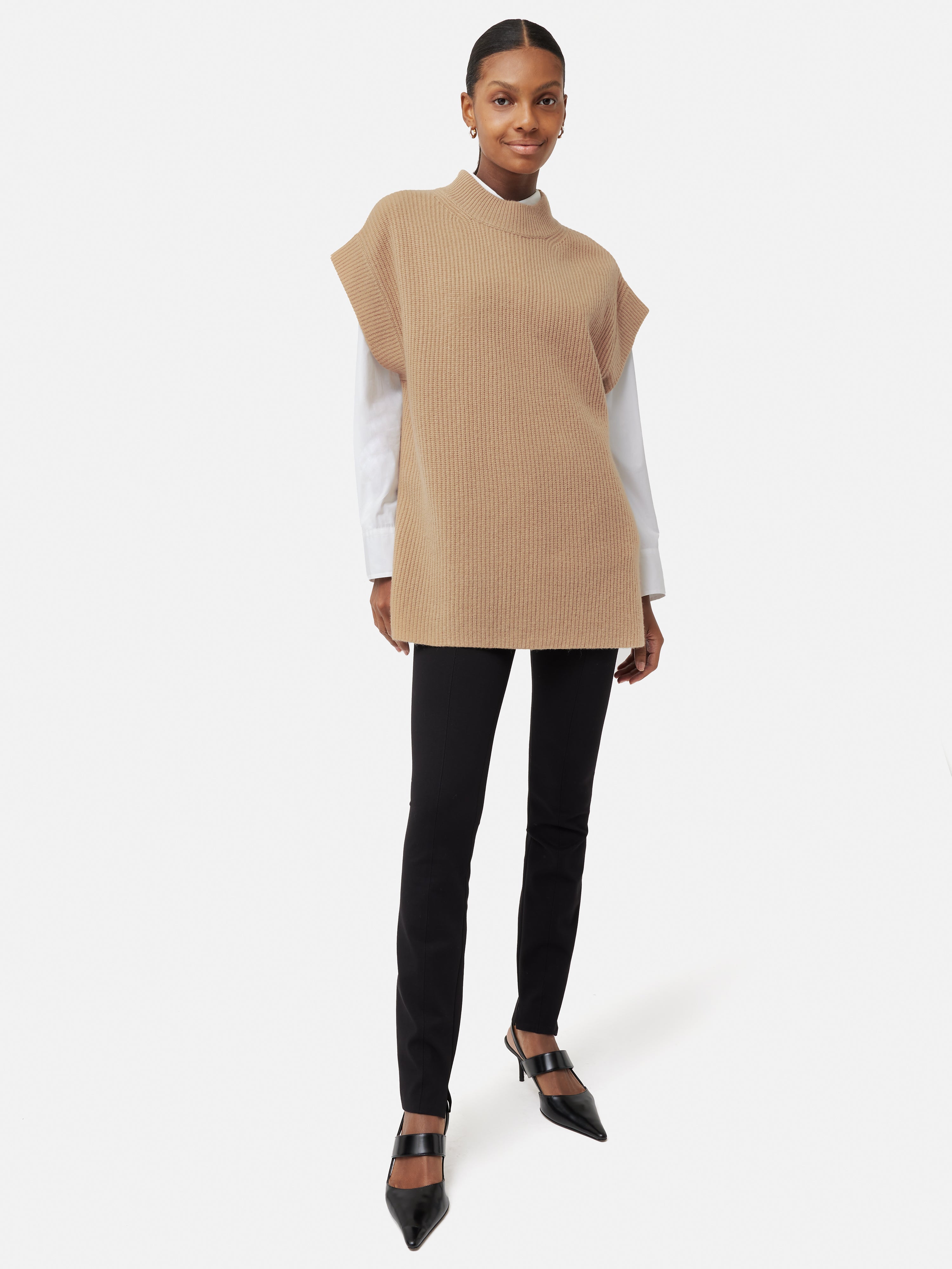Premium Merino Cashmere Ribbed Tunic Sweater - Soft Camel Color | Women's Winter Pullover for Work & Casual Outfits