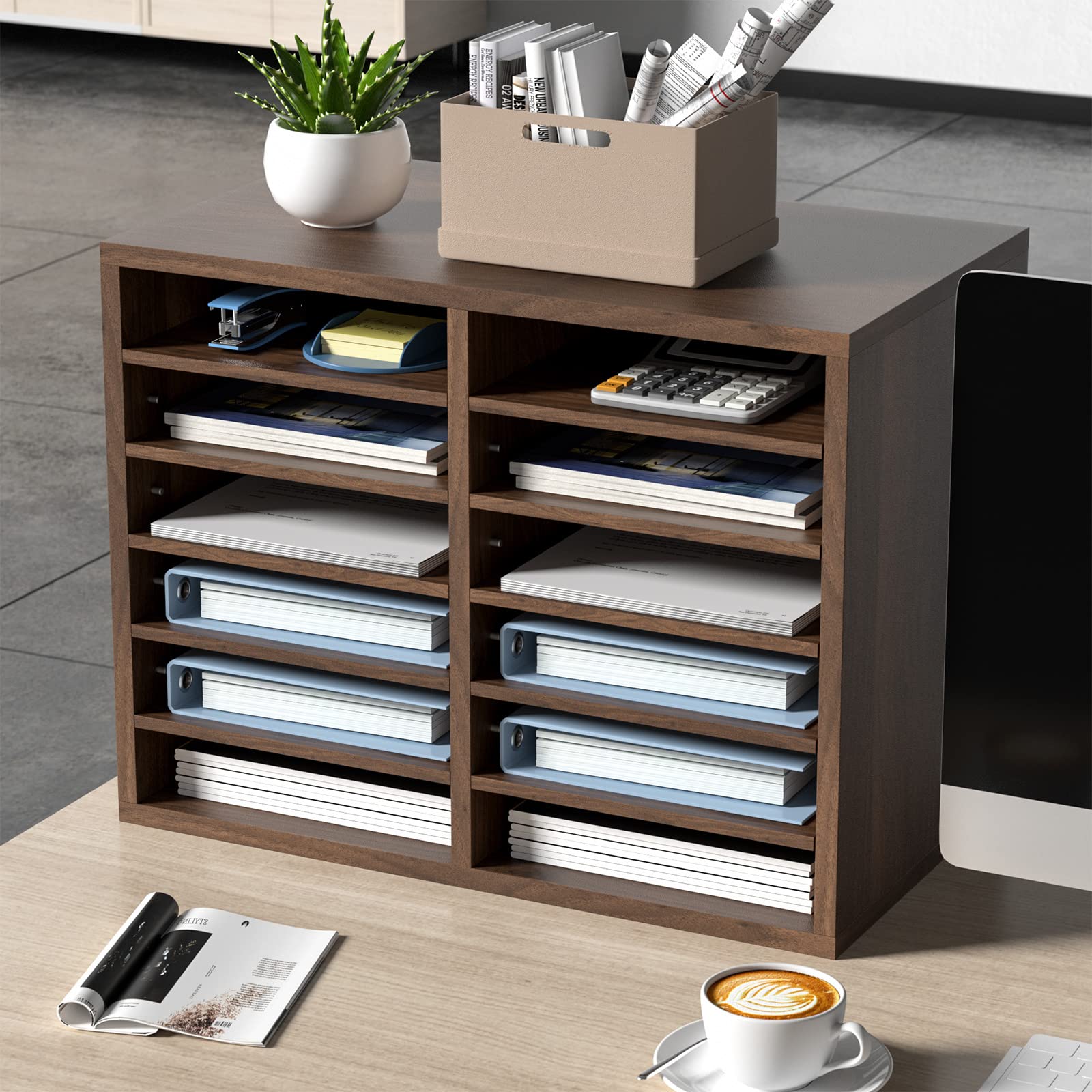 VEVOR 12-Slot Wooden Literature Organizer with Adjustable Shelves - 51.8x30.48x40.9cm Office Mailbox for Documents, Files, and Mail - Perfect for Home Office, Classroom, Mailroom, and Library Organization