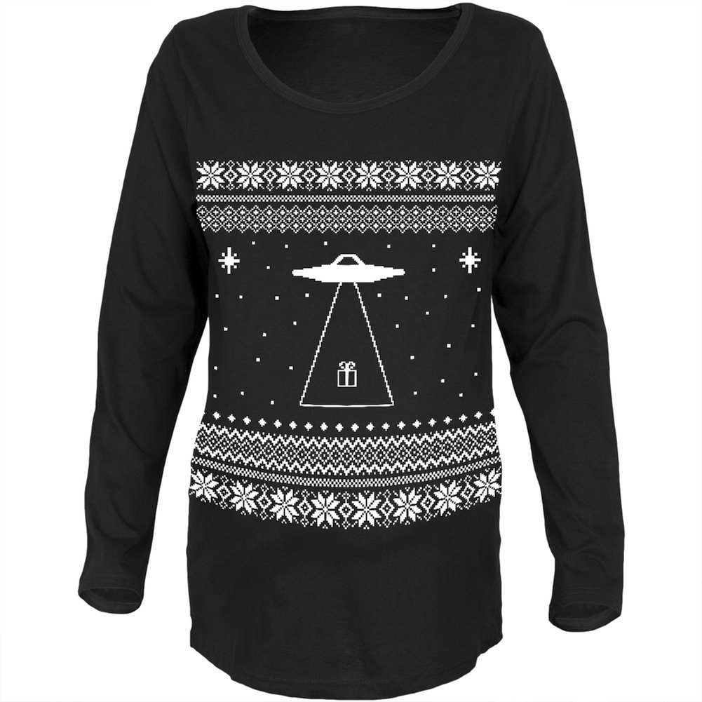 Alien Beam Ugly Christmas Sweater - Black Women's Soft Maternity Long Sleeve T-Shirt | Festive Holiday Party Outfit & Funny Xmas Gift