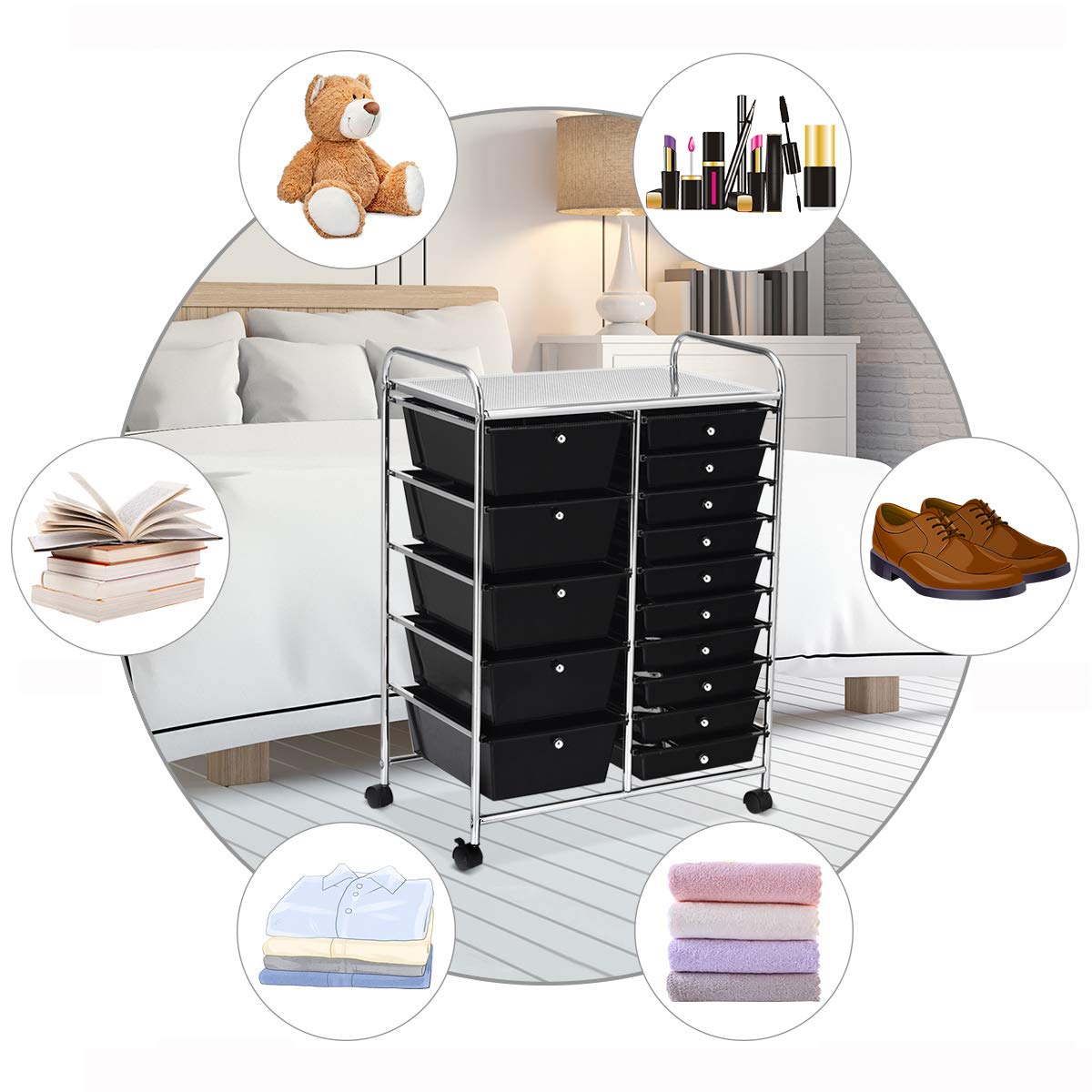 RELAX4LIFE 15-Drawer Rolling Storage Cart with Wheels - Mobile Organizer for Craft Supplies, Art Paper, Salon Tools & Classroom Organization - Black Utility Cart for Teachers, Office & School Use - Perfect for Home, Office & Salon Storage Solutions