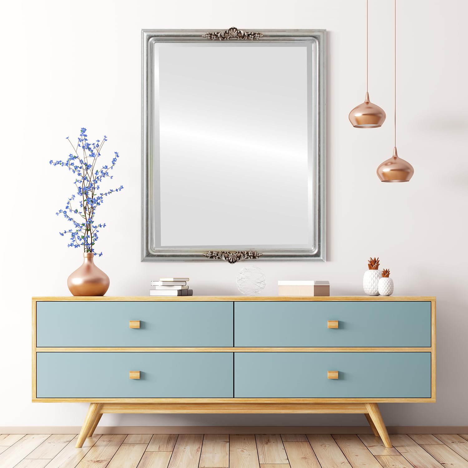 OVALCREST Rectangle Beveled Wall Mirror - Silver Leaf with Brown Antique Finish - 22x26 Inches - Elegant Home Decor for Living Room, Bedroom & Entryway