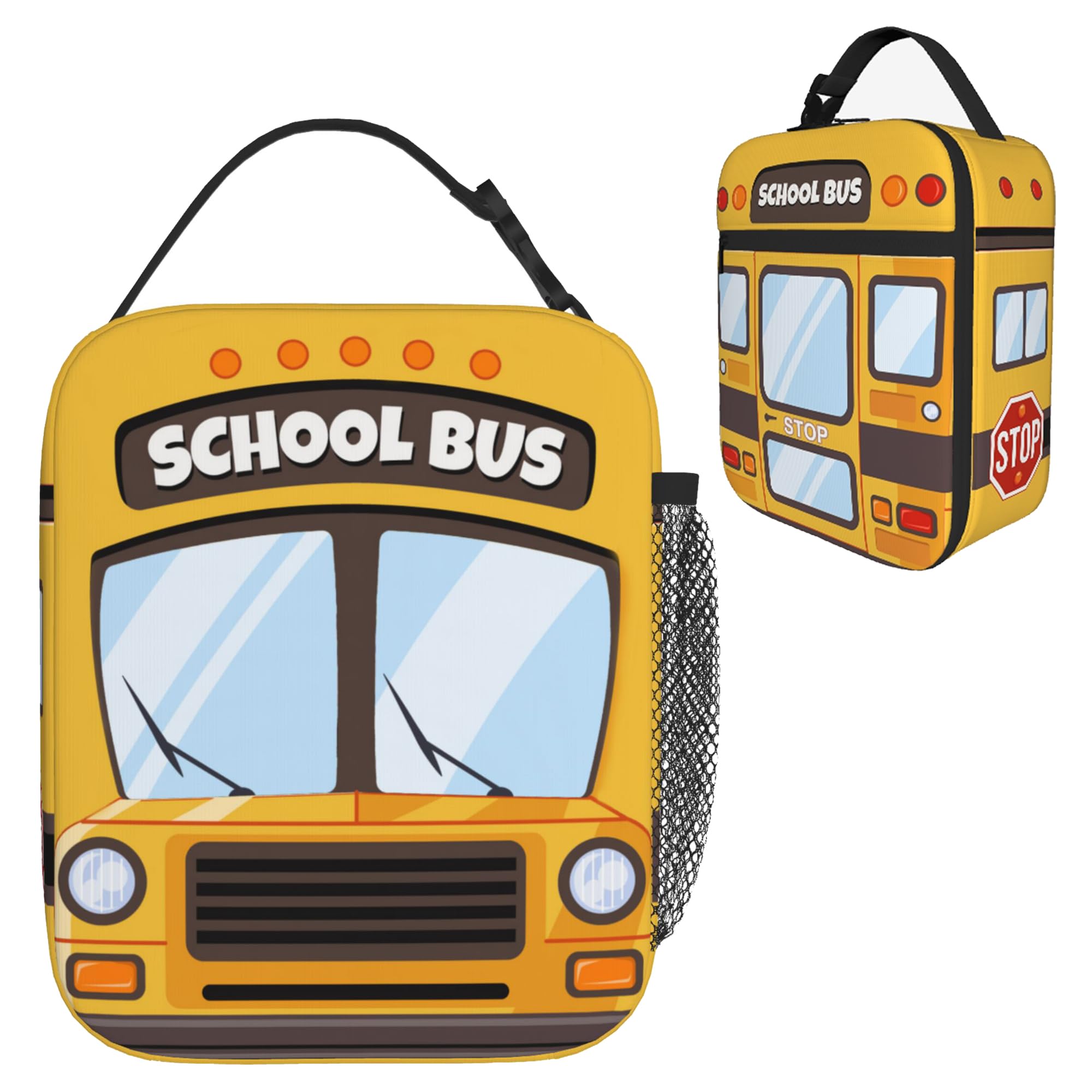 Insulated Reusable Kids Lunch Box for Boys & Girls - Leakproof High Capacity School Lunch Bag with Pockets, Thermal Cooler Sack for Picnic, Camping, Travel & Daily School Use (School Bus Design)