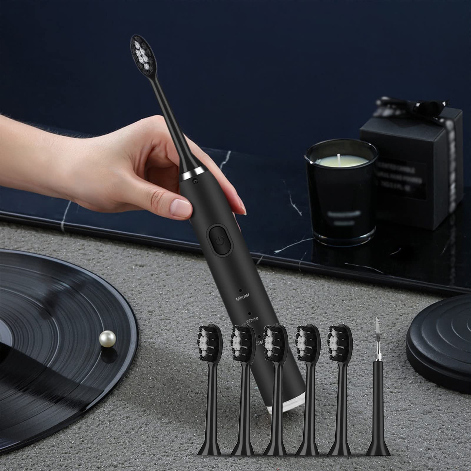 Lunyan Rechargeable Sonic Electric Toothbrush Set with 6 Brush Heads & 1 Toothbrush Tip - 3 Cleaning Modes, Black (8.27x0.79x0.79in) - Perfect for Travel, Home & Family Oral Care