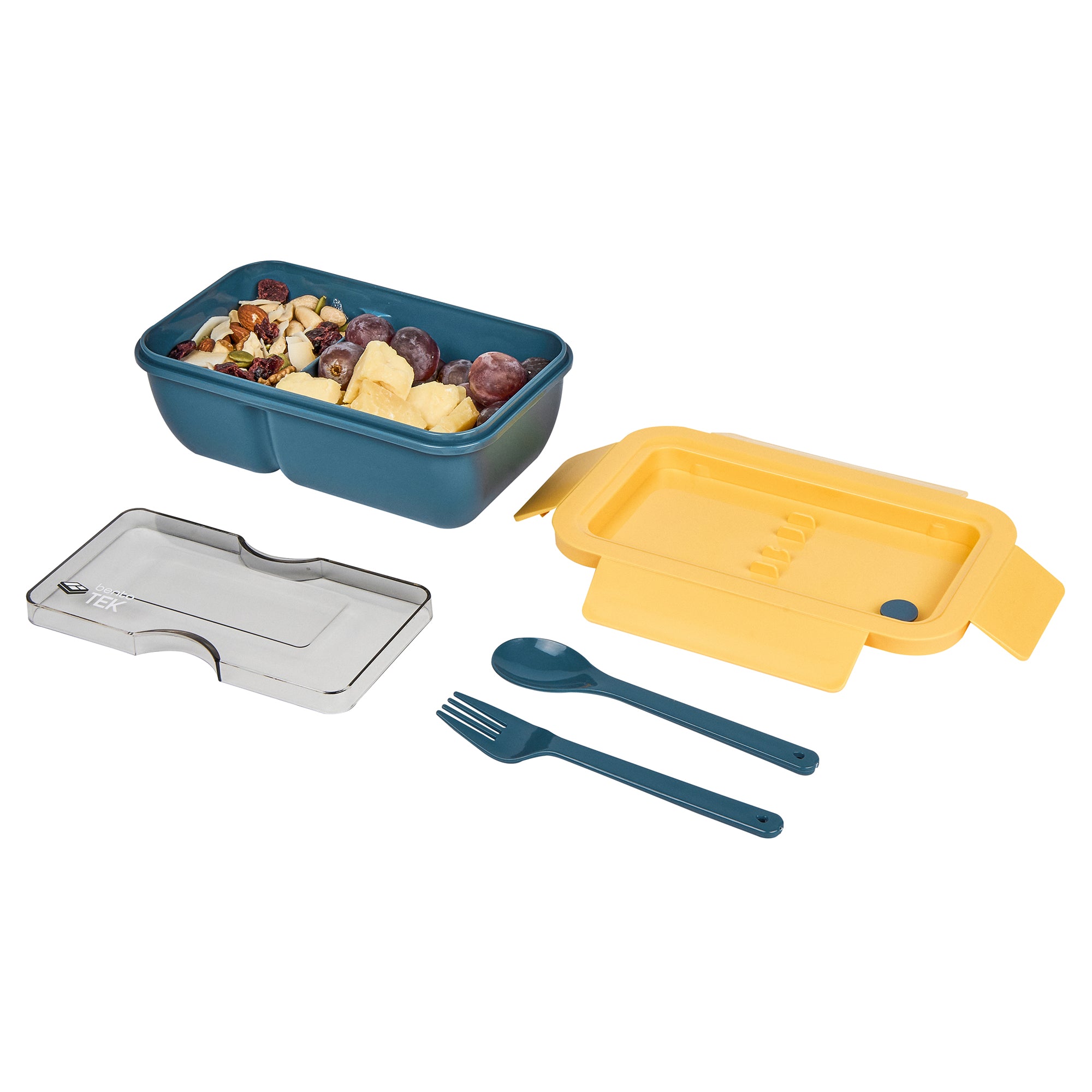 Bento Tek 29 oz Blue and Yellow BPA Free Lunch Box with Fork & Spoon - Microwave Safe, 7.75