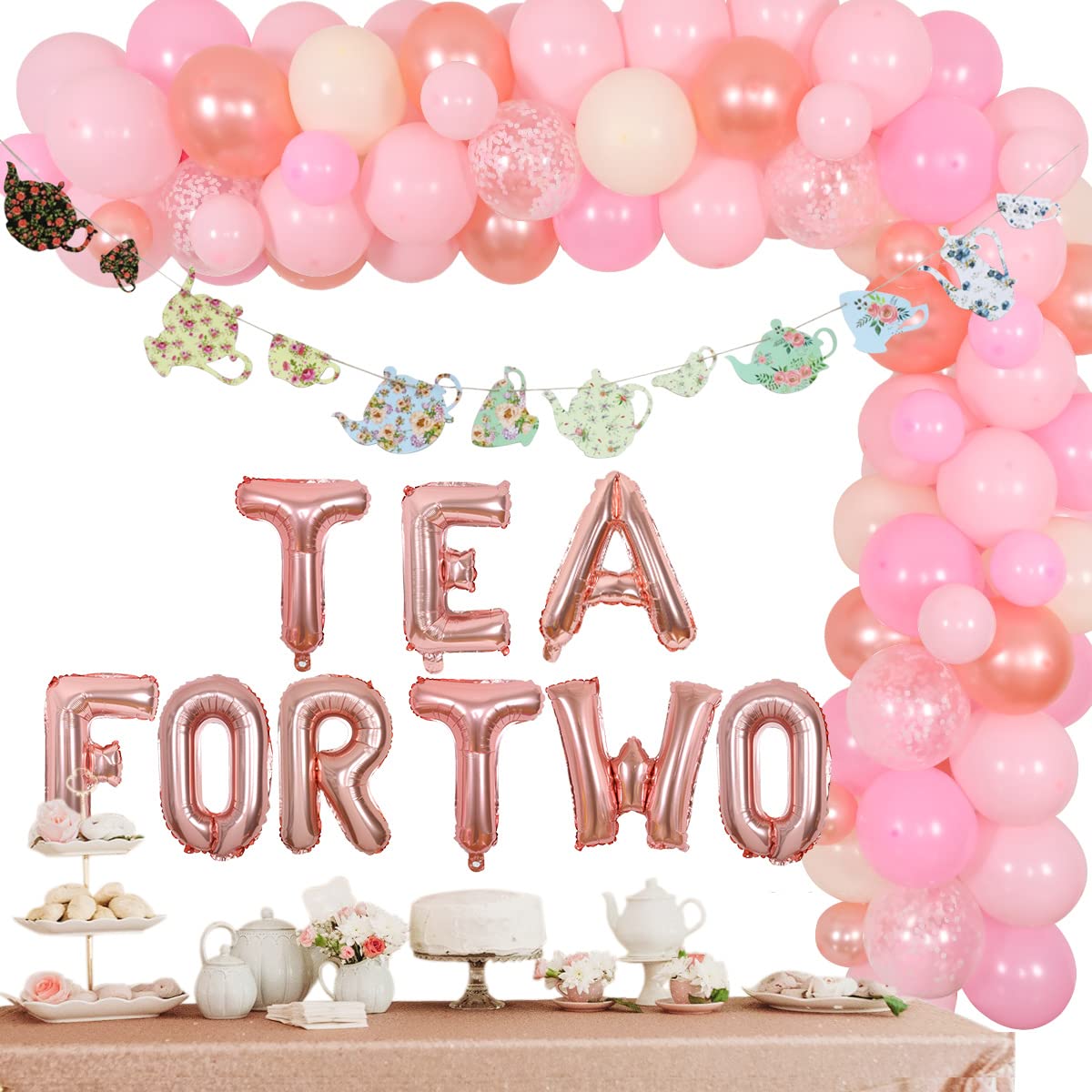 Tea Party 2nd Birthday Decorations Set - Balloon Garland Arch, Tea Cup Banner & Foil Balloons for Girls' Tea for Two Theme Party | Perfect for Baby Showers, Princess Parties & 1st Birthday Celebrations