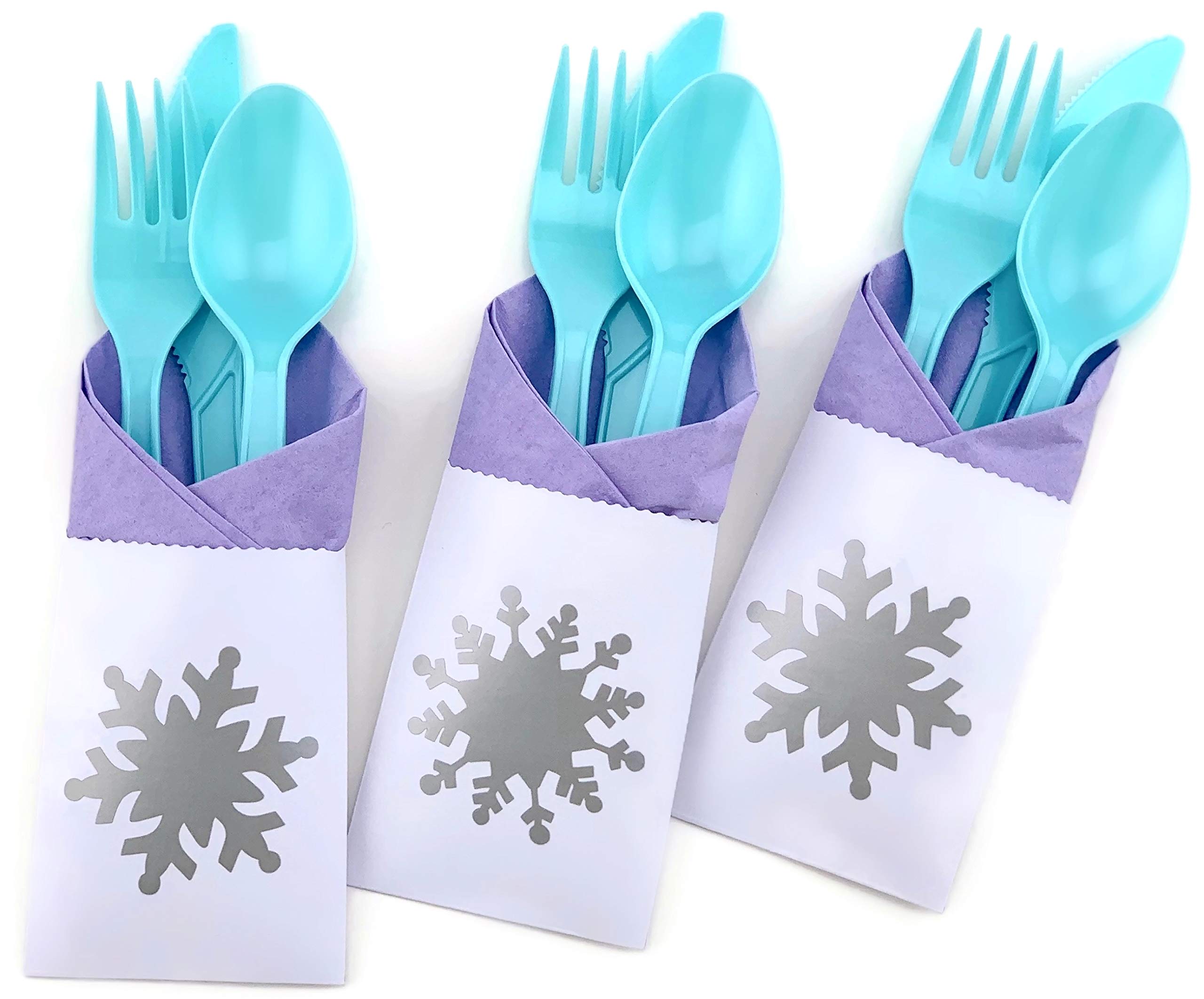 Snowflake Party Decorations Set - 24-Piece Winter Wonderland Princess Birthday Supplies with Purple Napkins, Plastic Cutlery & Paper Bags | Perfect for Birthday Parties, Baby Showers & Holiday Celebrations