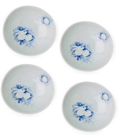 4-Piece Blue and White Japanese Moon Rabbit Ceramic Sauce Dishes Set - Perfect for Sushi, Soy Sauce, Dipping & Asian Dining Decor