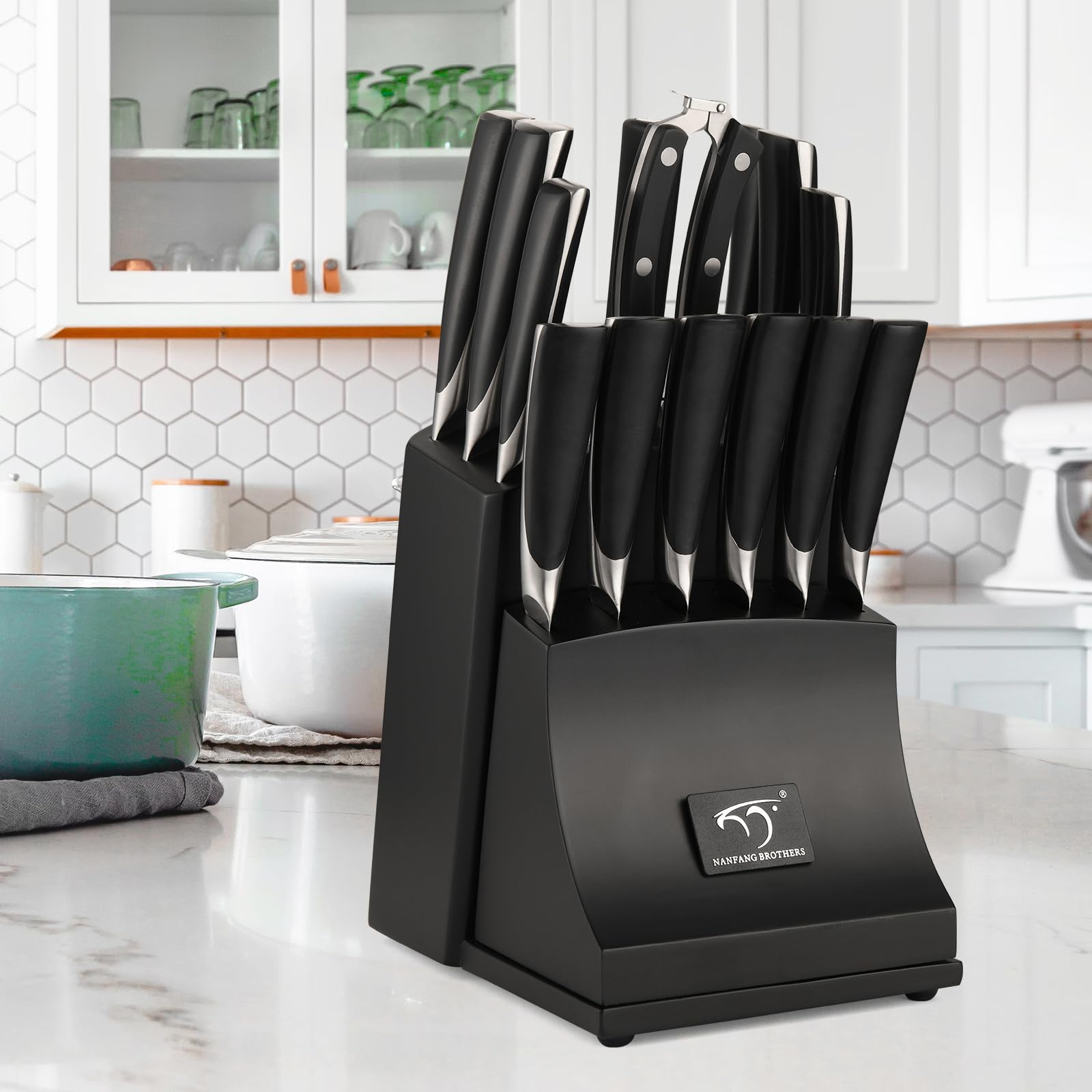 Premium 15-Piece Damascus Steel Knife Set with Wooden Block - Professional Chef Knives, Carving Fork & Ergonomic ABS Handles - Perfect for Home Cooking, BBQ & Gourmet Meal Preparation (Black)
