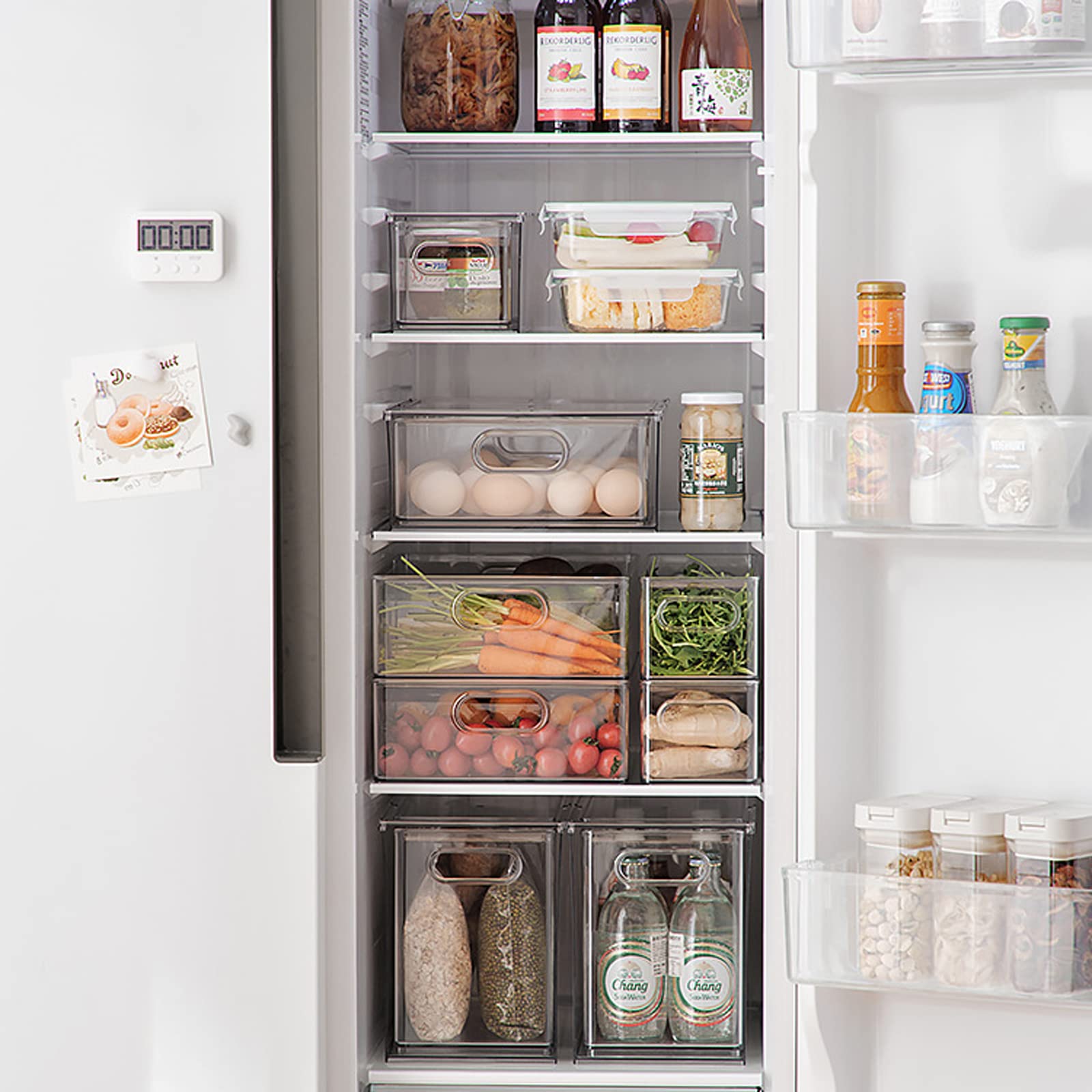Stackable Refrigerator Organizer Bins - Set of 6 Clear Pull-Out Drawers with Handles for Fruit & Vegetable Storage | Fridge Organization Containers with Divided Compartments | Perfect for Kitchen, Pantry & Grocery Organization