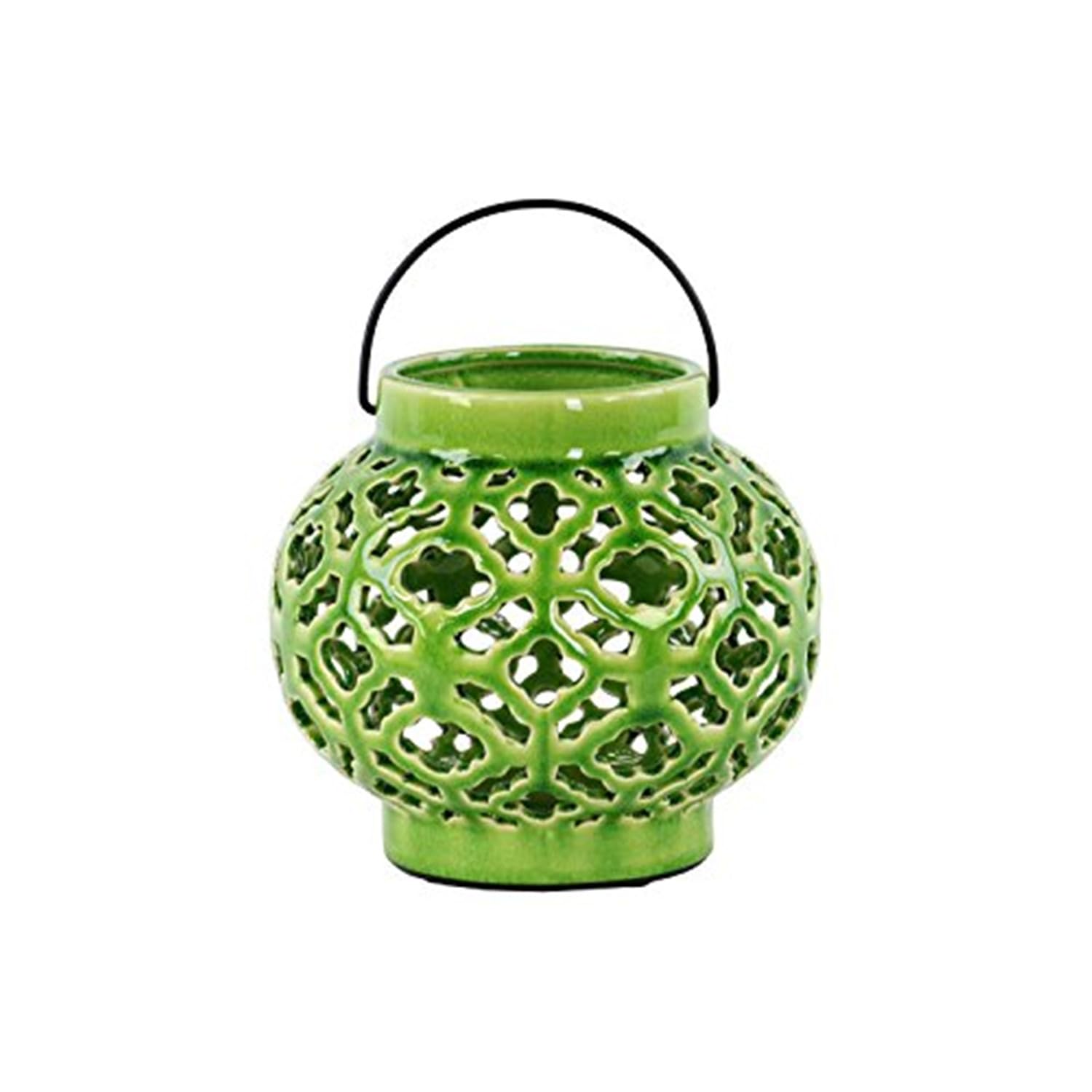 Ceramic Round Bellied Lantern with Metal Handle - Cloud Cutout Design, Gloss Finish in Green & Turquoise - Perfect for Patio, Garden, and Outdoor Decor