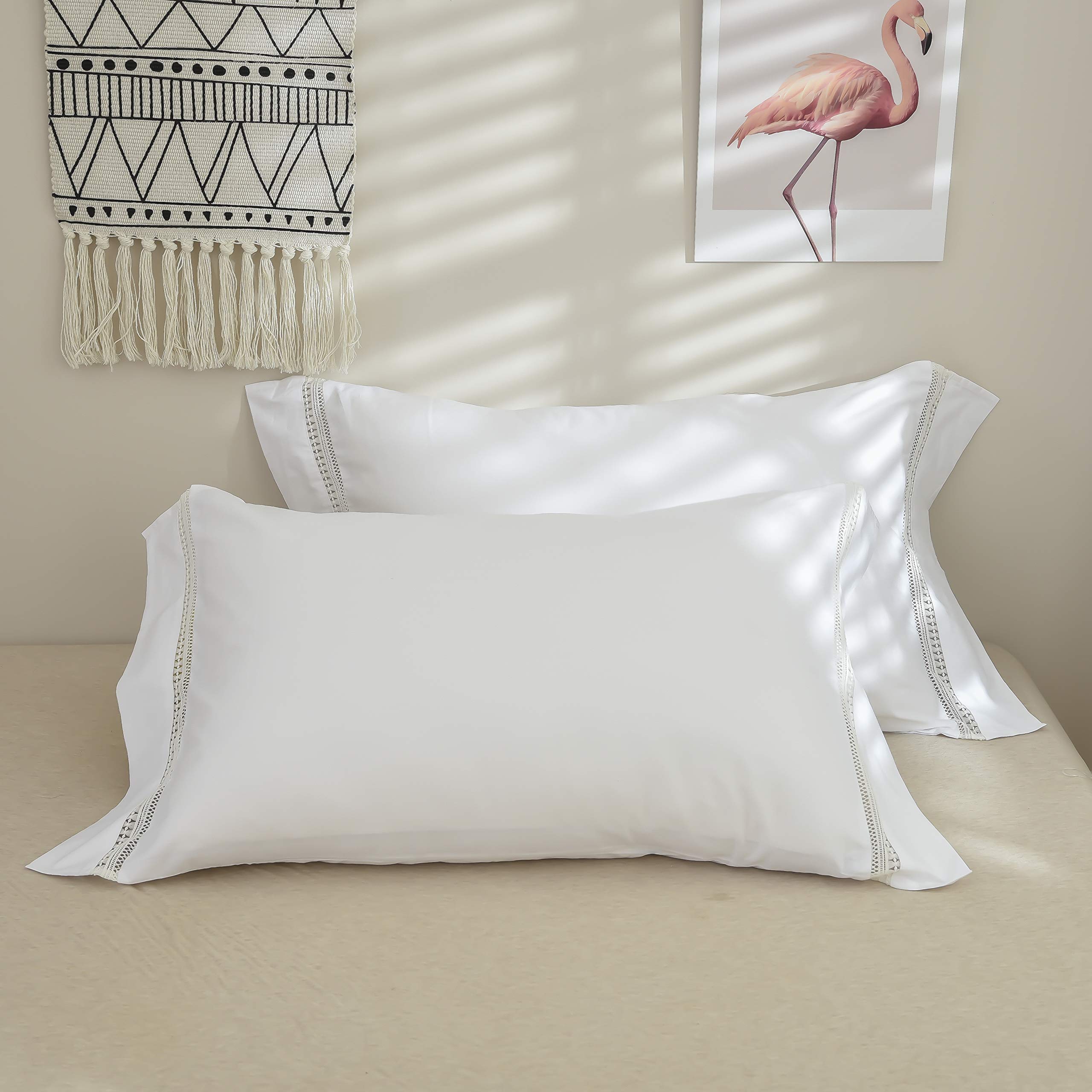 FADFAY 100% Cotton 600 TC White Lace Duvet Cover Set - Queen Size Farmhouse Bedding with Guipure Trim & Zipper Closure | Ultra Soft, Anti-Fade, Elegant & Romantic Boho Style | Perfect for Master Bedrooms, Guest Rooms & Cozy Farmhouse Decor