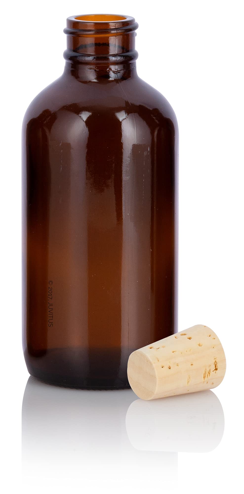 JUVITUS 4 oz (120 ml) Amber Glass Boston Round Bottles with Cork Stoppers & Funnel - 4 Pack Set for Essential Oils, DIY Beauty, and Home Brewing Storage
