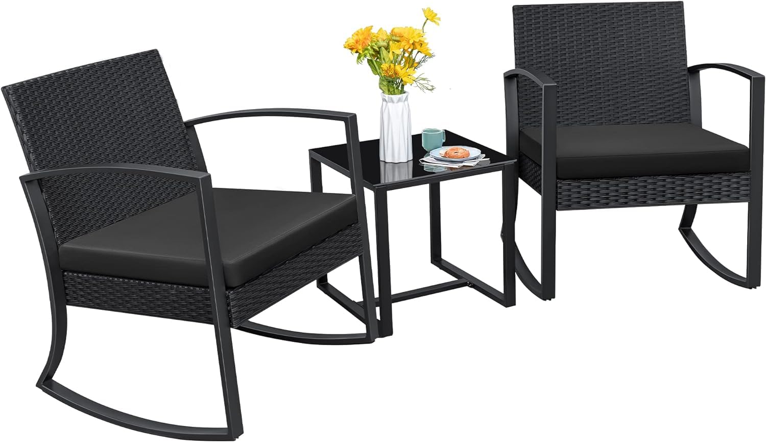 Homall 3-Piece Outdoor Patio Furniture Set - Resin Bistro Table & Rocking Chairs with Cushions - Perfect for Porch, Poolside, Balcony, Yard & Garden (Black) - Ideal for Relaxing, Entertaining & Outdoor Dining