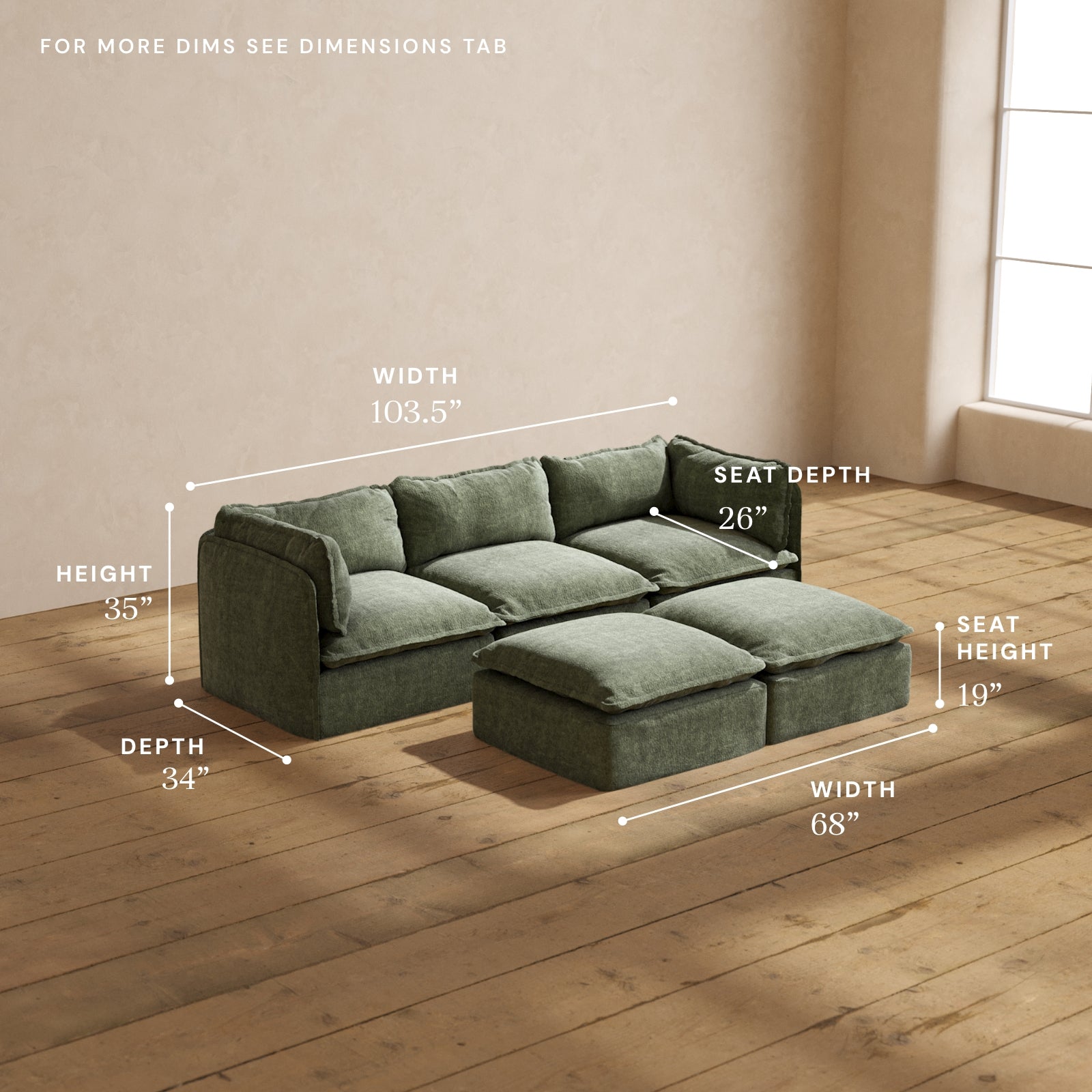 Premium Modular Performance 3-Seater Sofa with Bench Ottoman in Willow Fabric | Luxury Blend for Living Room, Lounge & Entertainment Spaces