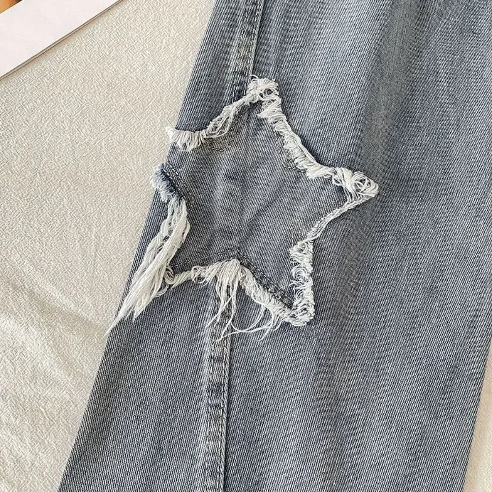 Trendy Korean Denim Jeans for Women - High Waist Straight Leg Loose Fit with Star Design | Spring & Autumn Fashion | Perfect for Casual Wear, Street Style & Daily Outfits