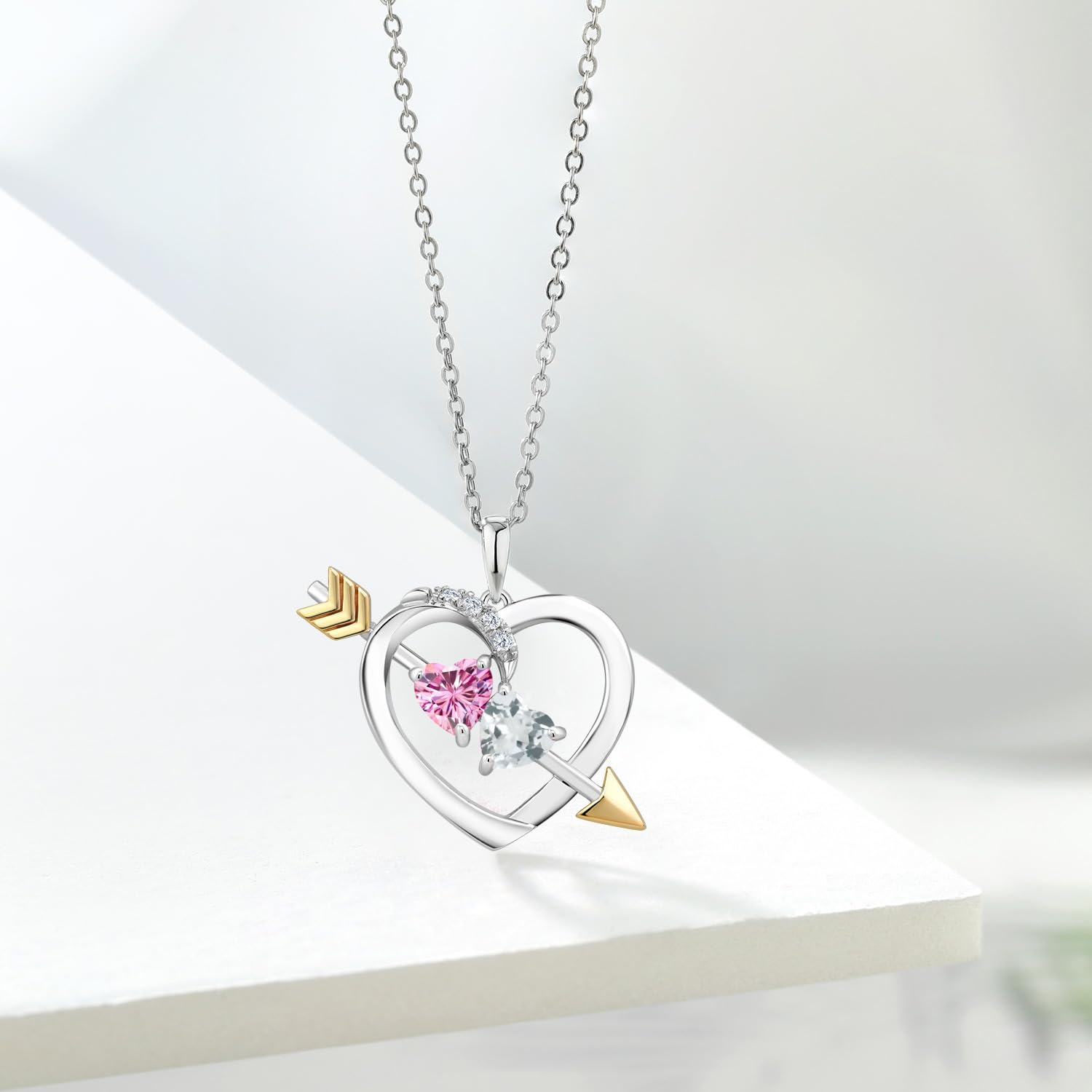 925 Sterling Silver & 10K Yellow Gold Pink Moissanite & Sky Blue Aquamarine Pendant Necklace for Women - 0.96 CTTW Gemstone Jewelry with 18