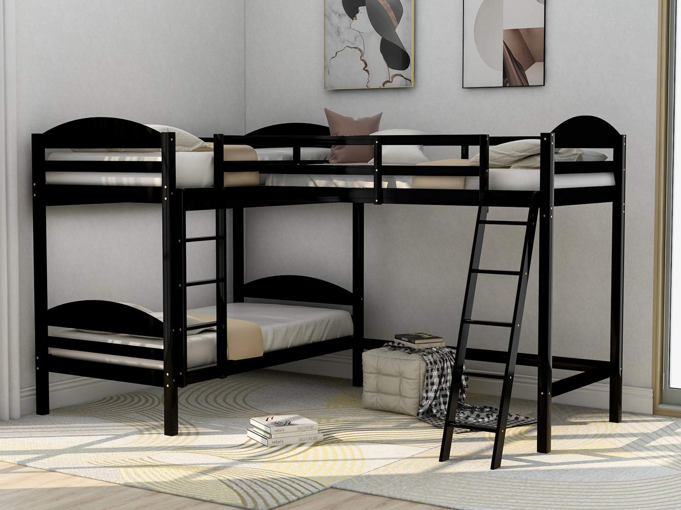 Space-Saving L-Shaped Twin Bunk Bed & Loft Bed with 2 Ladders - Sturdy Wooden Bunk Bed Frame for Kids, Teens & Adults - Corner Loft Bed with Safety Guardrail - No Box Spring Needed (Espresso) - Perfect for Small Bedrooms, Dorms & Shared Kids' Rooms