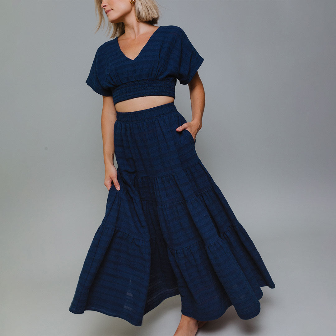 Navy Smocked Crop Blouse for Women - Elegant Ruffle Sleeve Summer Top - Perfect for Beach, Vacation & Date Night Outfits