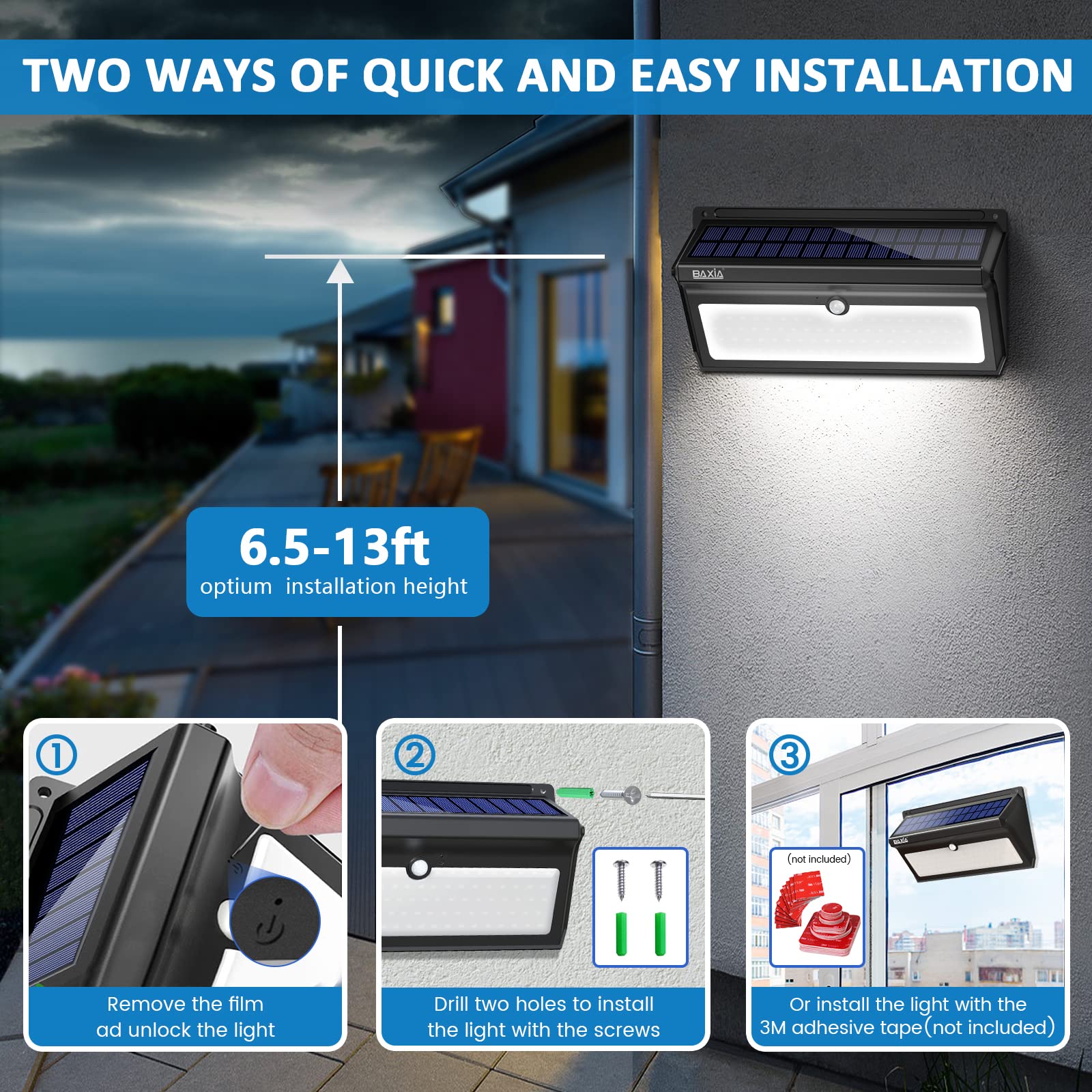 BAXIA TECHNOLOGY 100 LED Solar Motion Sensor Lights - Waterproof Outdoor Solar Security Lights with Wide Angle & Super Bright for Garden, Fence, Front Door, Yard [2 Pack] - Perfect for Home Security & Landscape Lighting