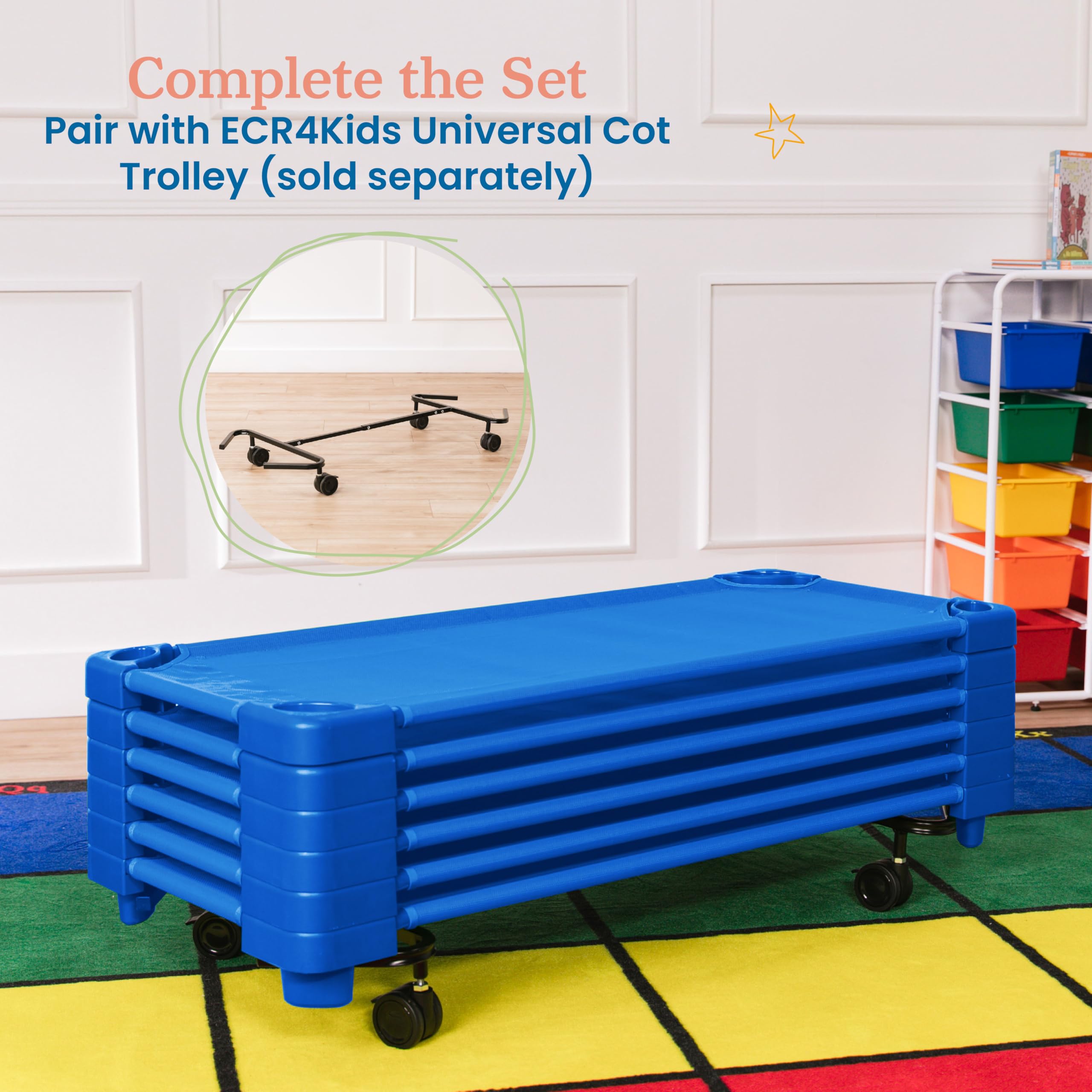 ECR4Kids Stackable Kids Cot - Standard Size Blue Classroom Furniture (5-Pack) | Perfect for Daycare Centers, Preschools & Nap Time
