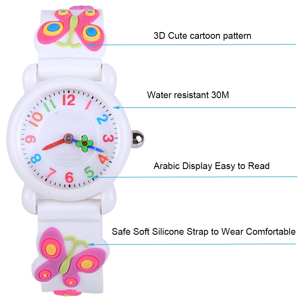 Venhoo Kids Watches - 3D Cute Cartoon Waterproof Silicone Wrist Watch for Girls Ages 3-10 - Perfect for School, Playtime & Outdoor Activities - White Butterfly Design