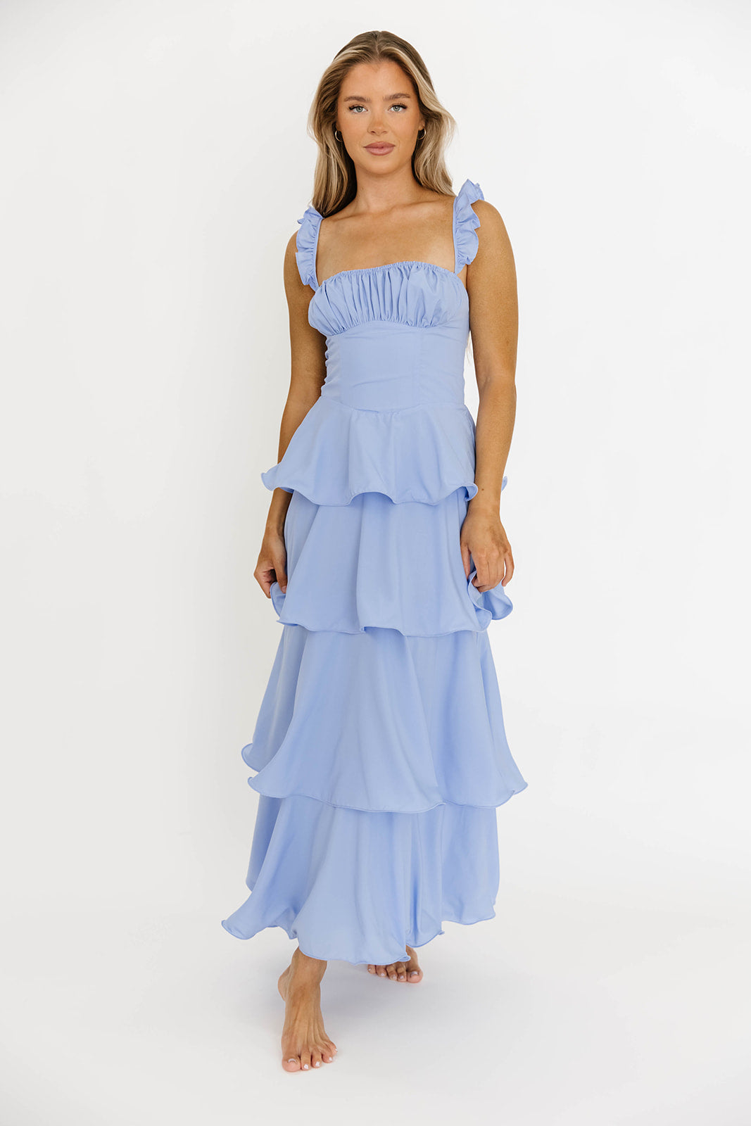 Lily Ruffle Strap Tiered Maxi Dress in Baby Blue | Flowy Summer Beach Dress for Women | Perfect for Vacations, Weddings & Date Nights