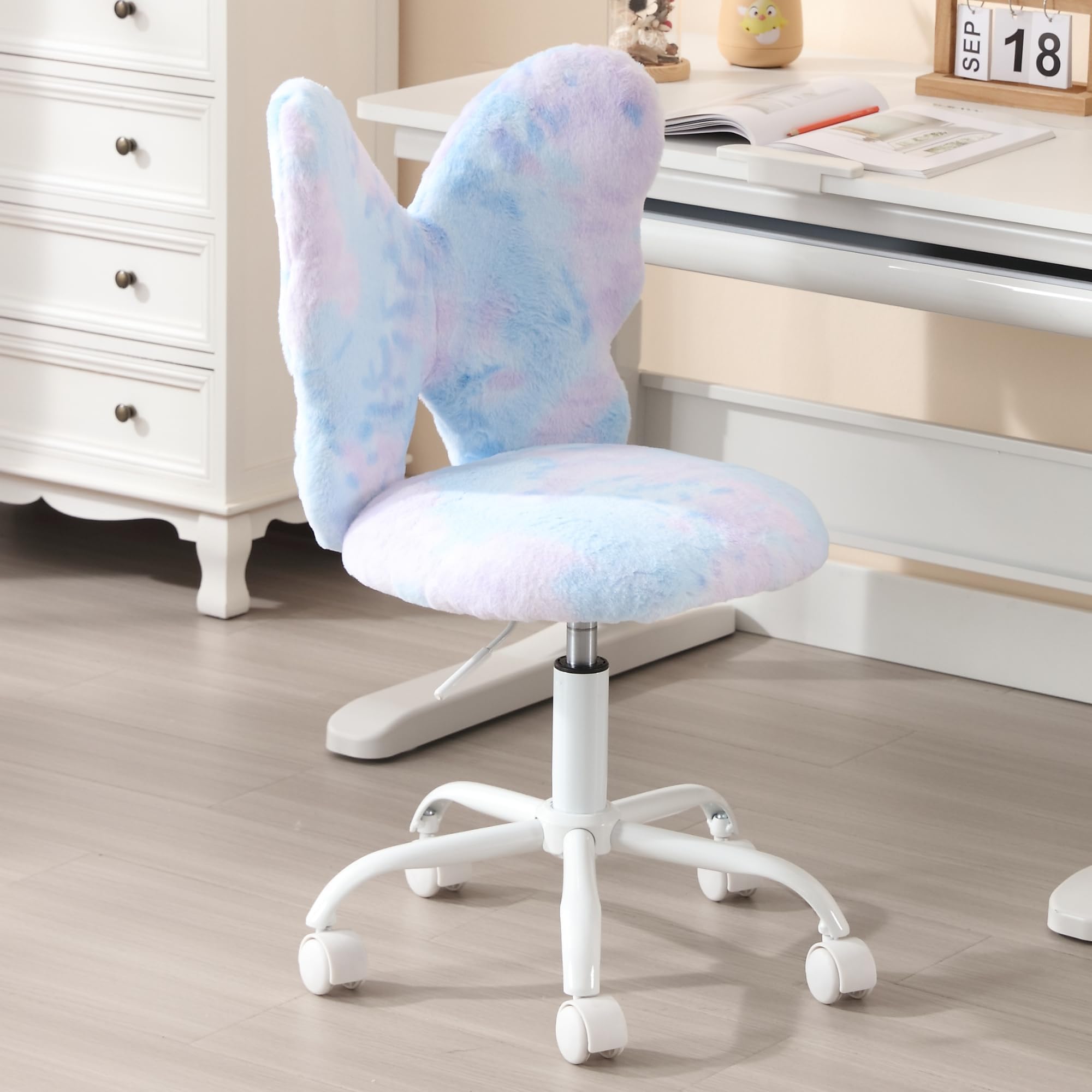 Kmax Adjustable Kids Desk Chair with Wheels - Soft Faux Fur Swivel Office Chair for Children, Cute Butterfly Design, Perfect for Bedroom, Study Room & Reading Nook - Dreamy Blue