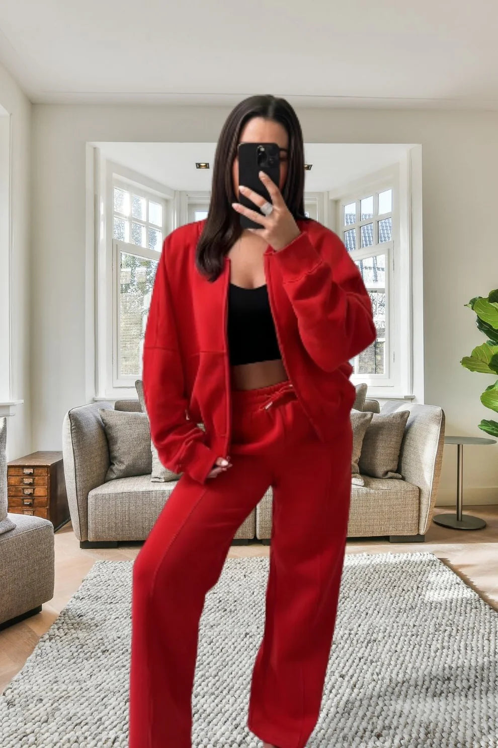 New Style Oversized Fleece Bomber Jacket with Zipper & Wide Leg Tracksuit Set - Cozy Winter Outfit for Streetwear, Casual Wear & Loungewear