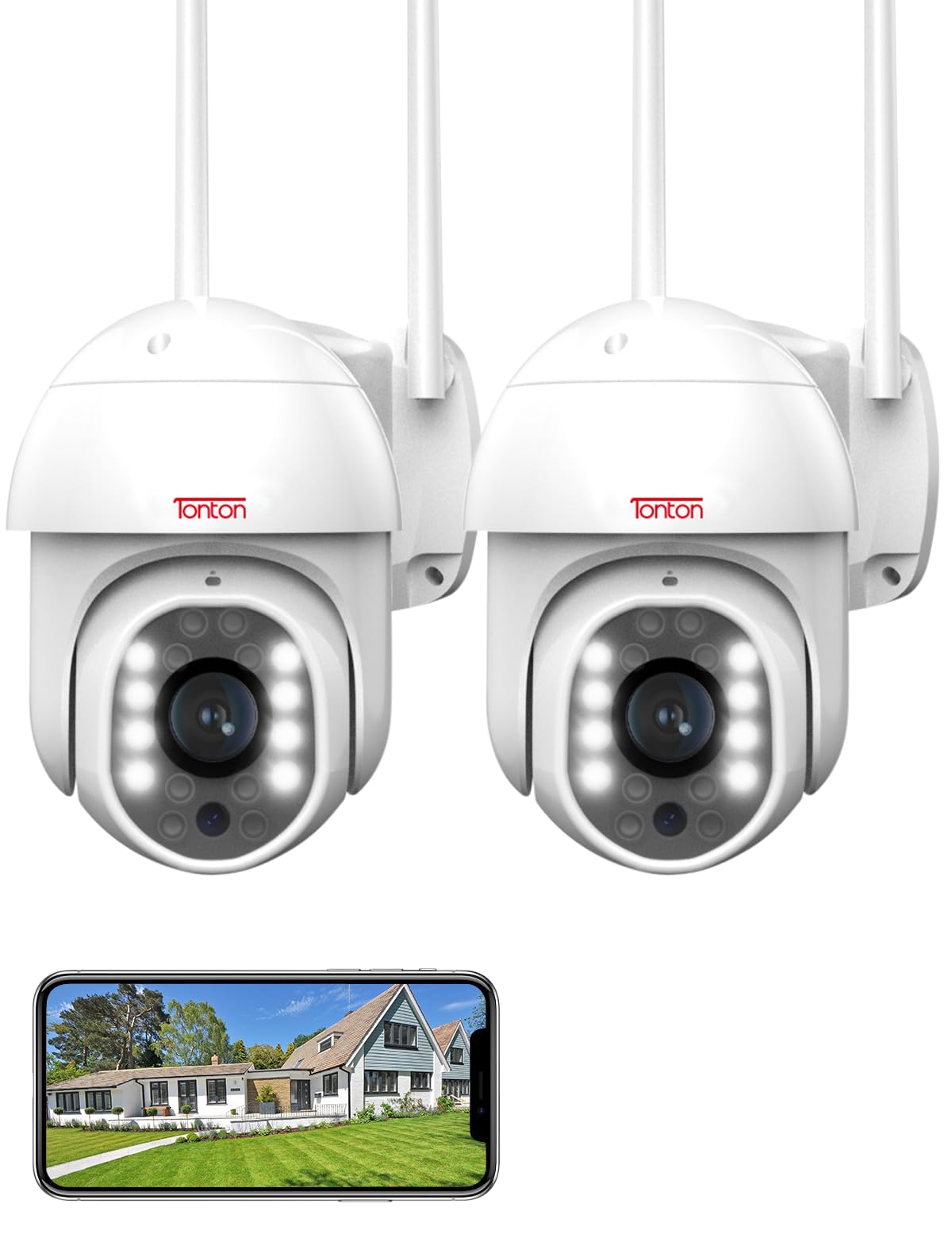 Tonton 2 Pack 1080P Wireless Outdoor Security Camera - WiFi PTZ Surveillance System with Two-Way Audio, Floodlight, Motion Detection & Human Auto Tracking | 100ft Night Vision, IP66 Weatherproof | Ideal for Home Security, Baby/Pet Monitoring & Business Surveillance
