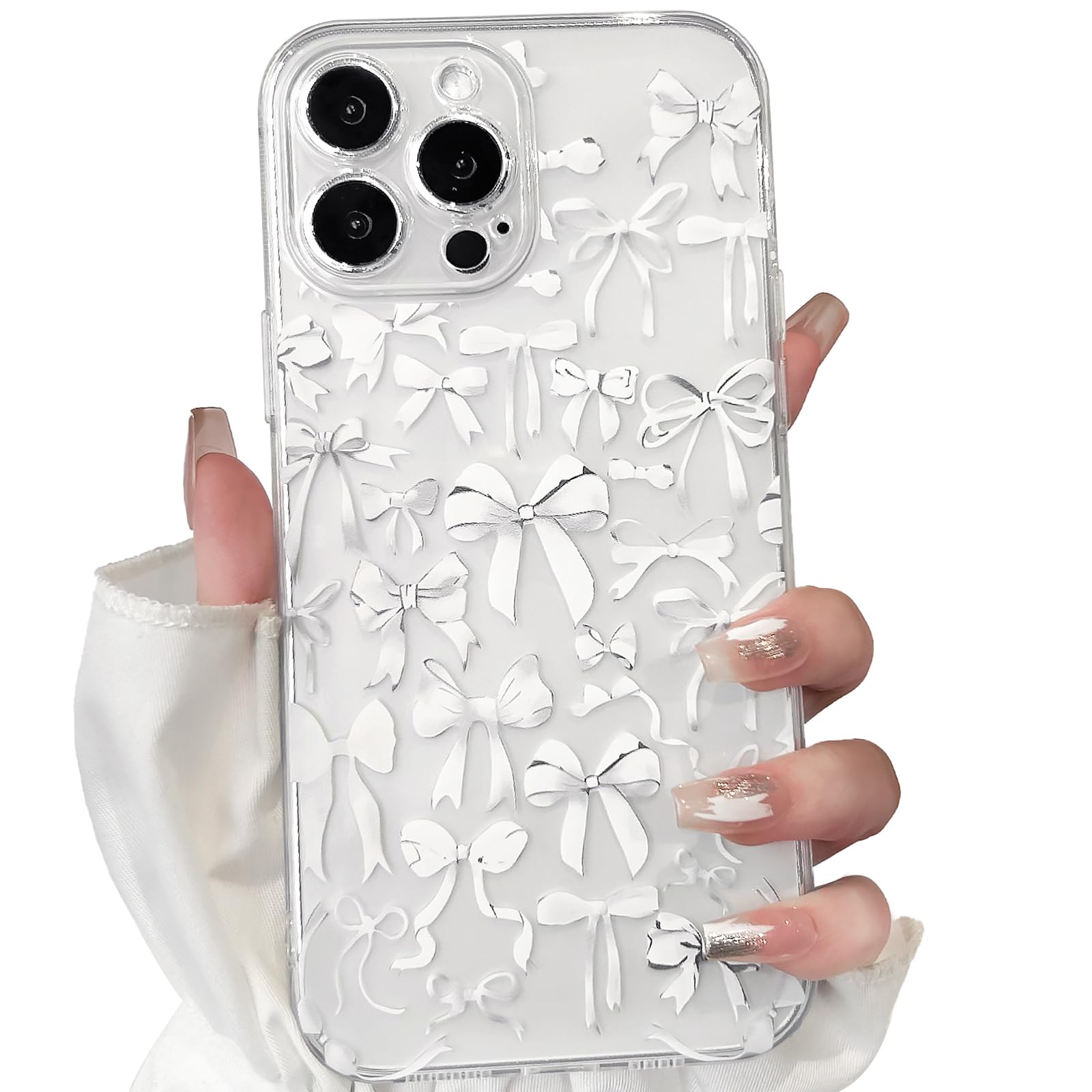NITITOP iPhone 13 Pro Max Case - Cute Clear Phone Cover with Bowknot Design, Slim Soft Protective Case for Women & Girls (White Bow Ribbon) | Perfect for Everyday Use, Gift Giving & Fashion Accessories
