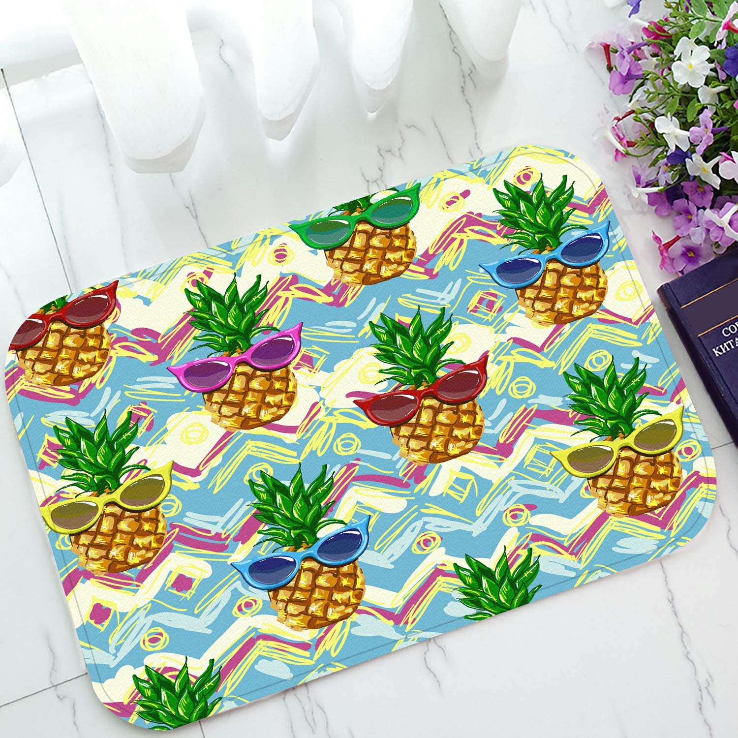 ECZJNT Pineapple with Sunglasses Welcome Doormat - Non-Slip Bath & Entrance Rug - 23.6x15.7 Inch Tropical Decor Floor Mat for Beach House, Summer Party & Hawaiian Theme Decor