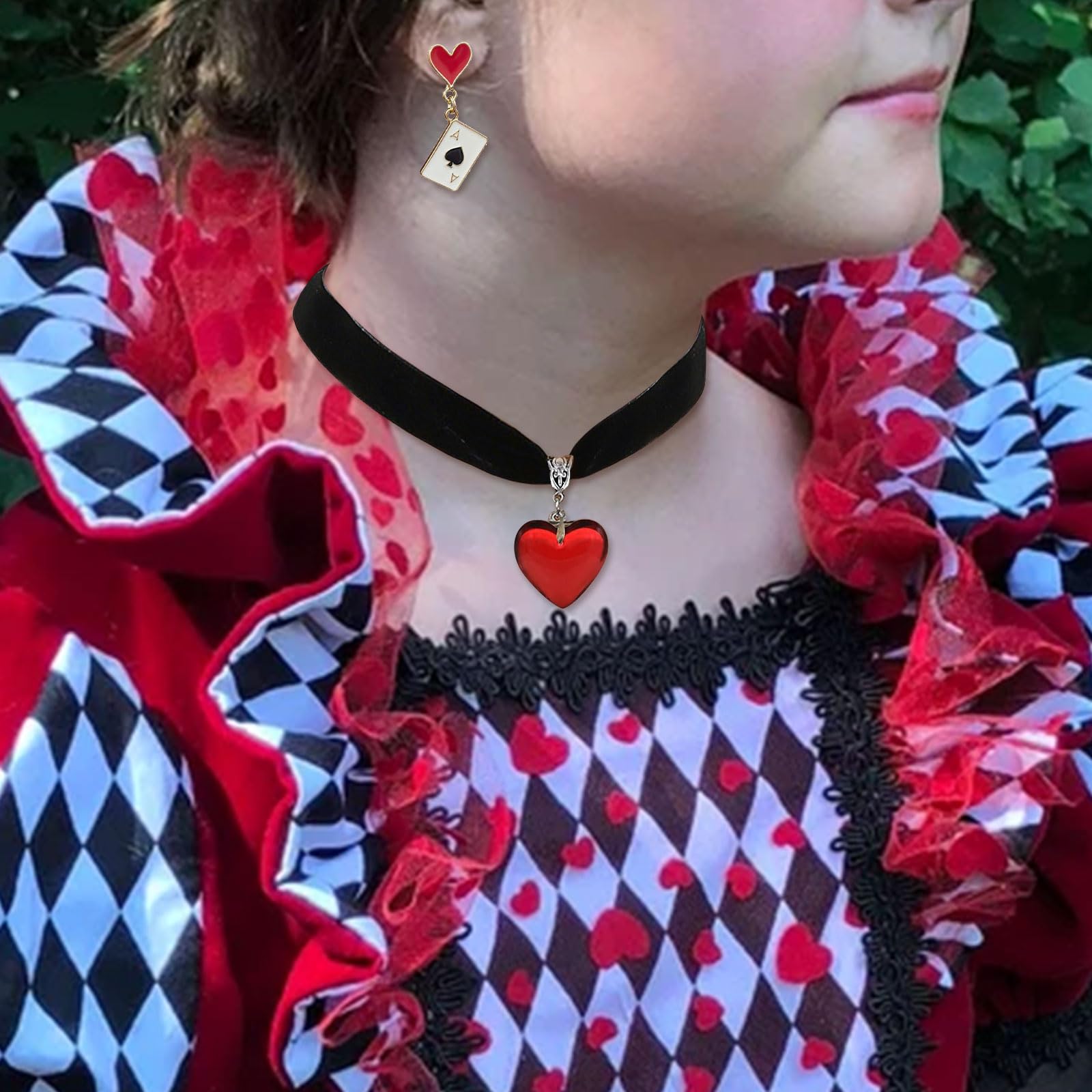 Red Heart Necklace & Earrings Set - Gothic Queen Costume Jewelry for Women | Vampire Blood Choker Necklace with Heart Charm & Dangling Earrings | Perfect for Halloween, Cosplay, Gothic Fashion & Vampire Themed Parties