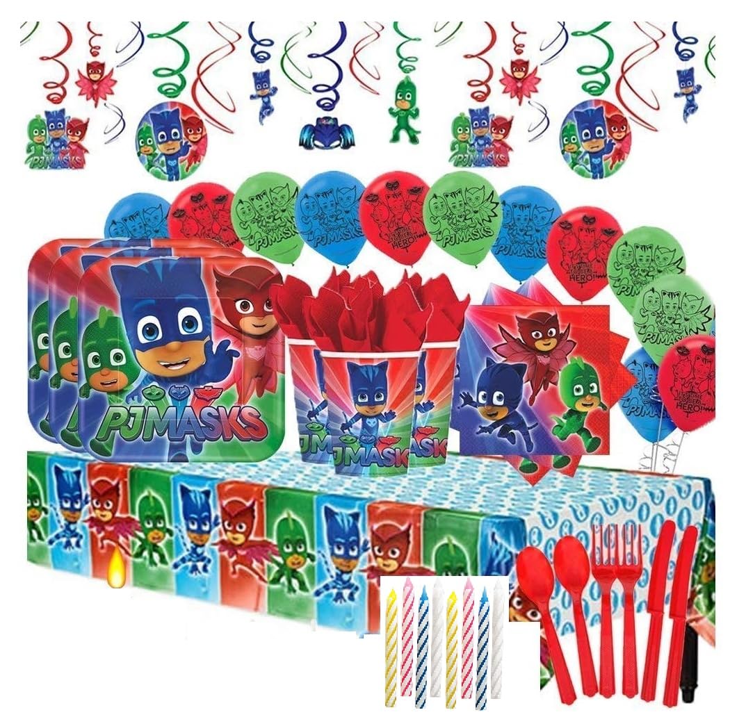 PJ Masks MEGA Deluxe Birthday Party Pack for 16 - Plates, Napkins, Cups, Table Cover, Candles & Balloons - Kids Superhero Themed Party Supplies for Birthdays & Celebrations