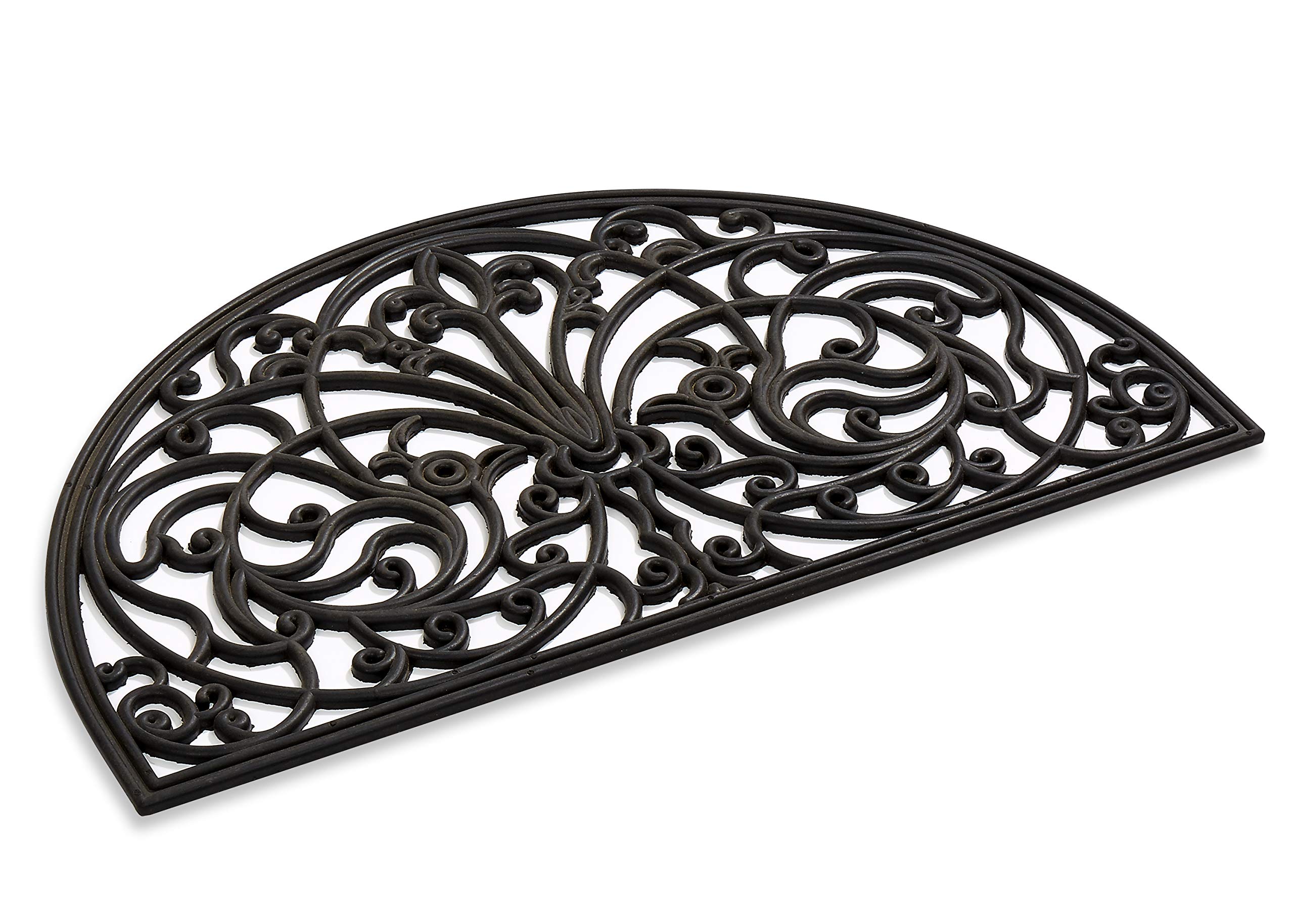 Half Moon Rubber Doormat with Wrought Iron Scroll Design - Indoor/Outdoor Entrance Mat for Low Clearance Areas - Functional, Easy to Clean - Perfect for Front Door, Porch, Garage & Mudroom Use