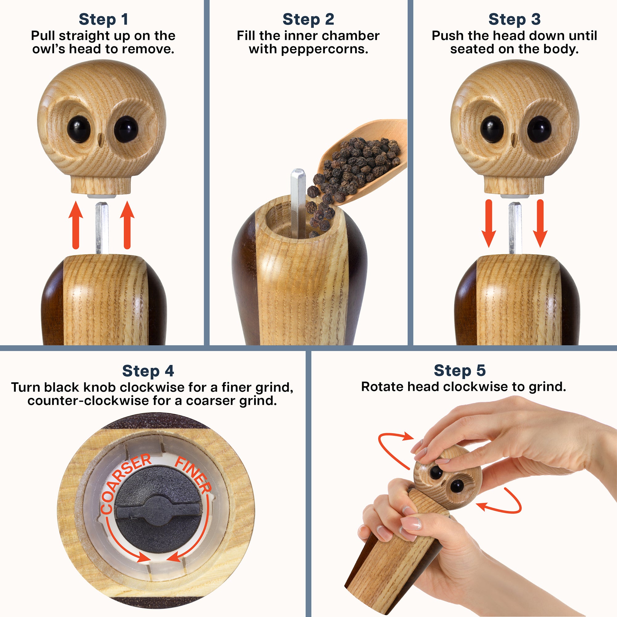 Premium Owl-Shaped Pepper Grinder - Handcrafted Wooden Salt and Pepper Mill with Ceramic Mechanism - Perfect for Kitchen, Dining Table & Gift Giving