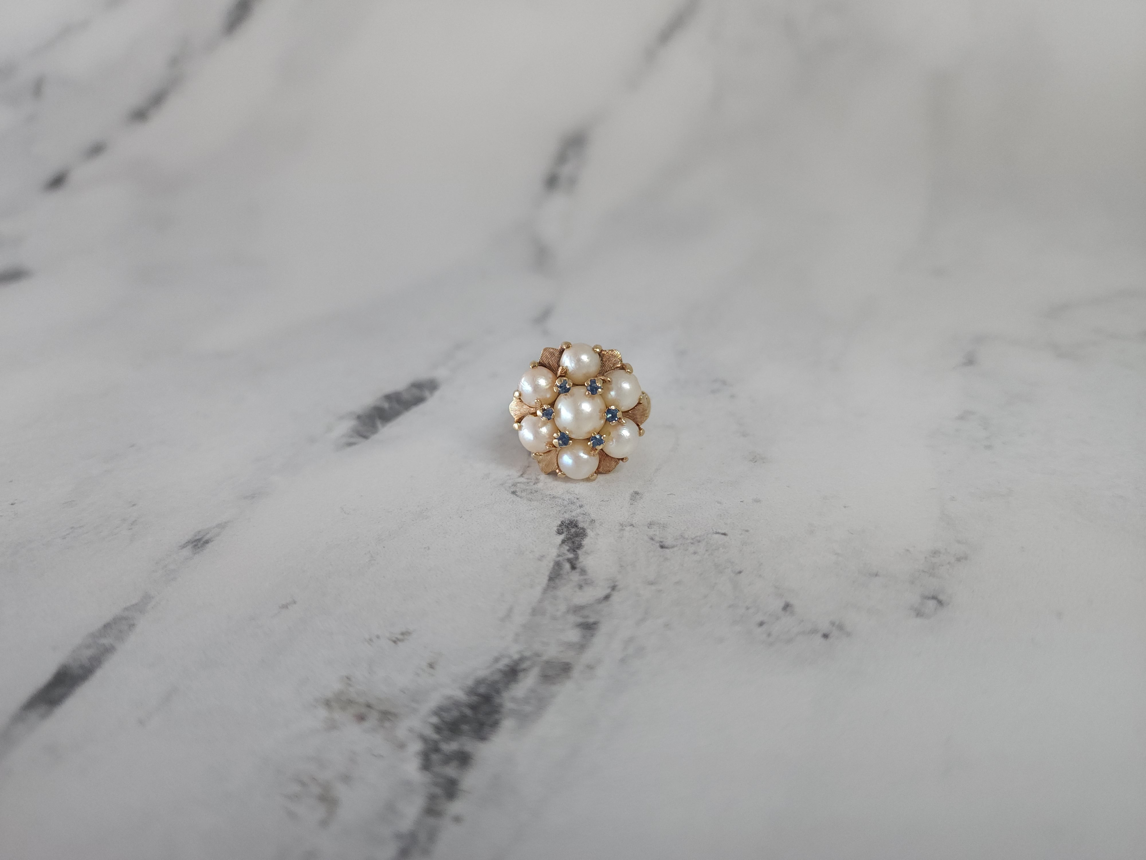 Vintage Freshwater Pearl Cluster Ring with Blue Topaz Accents - Elegant Boho Jewelry for Women, Perfect for Weddings, Parties & Special Occasions
