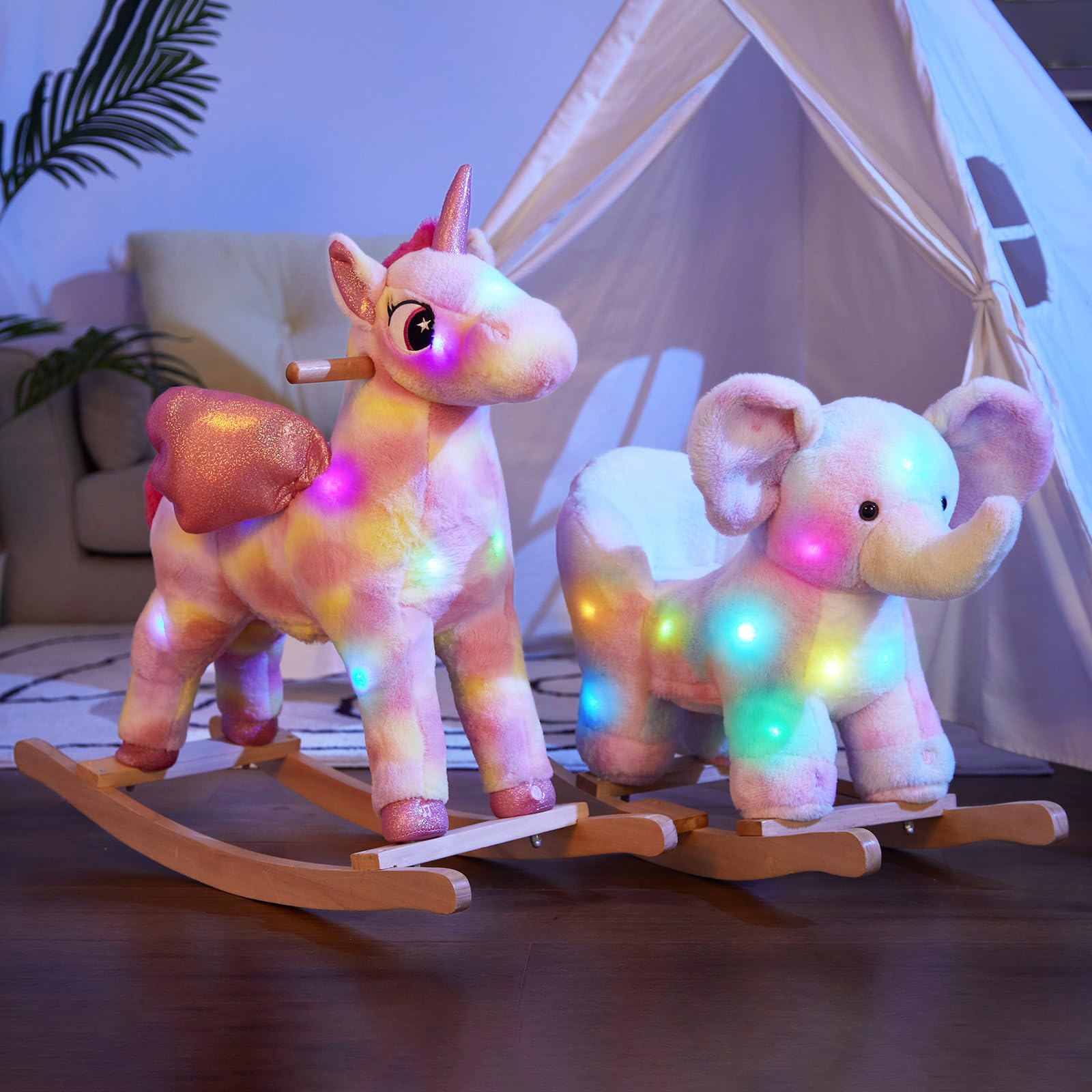 Glow Guards Light Up Musical Elephant Baby Rocking Horse & Rainbow Plush Toy Set - Wooden Rocking Chair for Toddlers Girls & Boys Ages 1-3 - Perfect for Nursery Decor, Birthday Gifts & Early Childhood Development Playtime