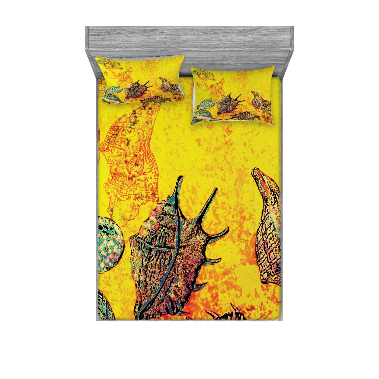 Ambesonne Ocean 2-Pack Fitted Sheet & Pillow Sham Set - Seashells Animal Grunge Design, 4-Piece Bedding Decor Set (2 Queen Size Fitted Sheets & 4 Pillow Covers) in Yellow & Teal for Coastal & Nautical Themed Bedrooms